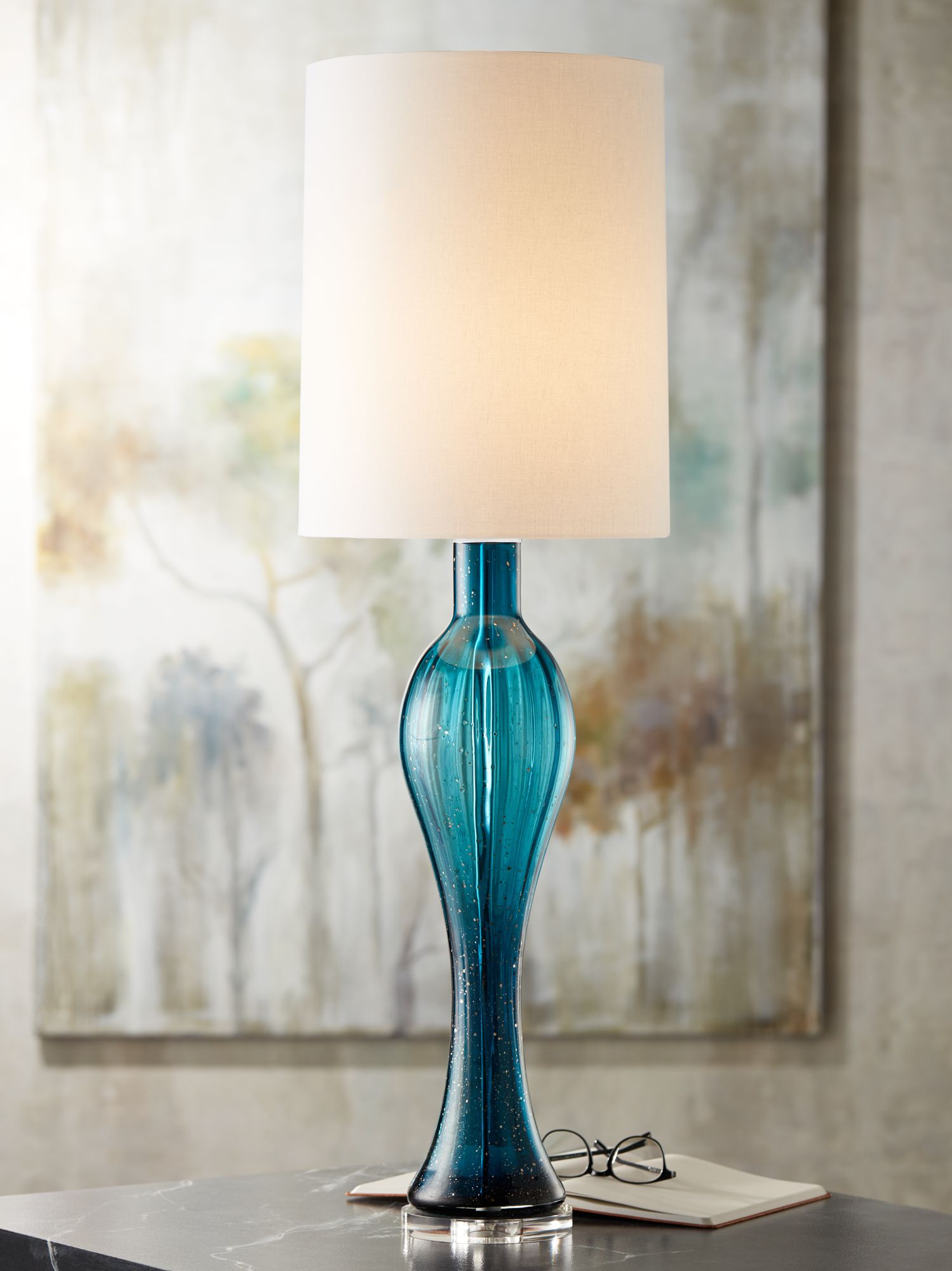 Possini Euro Tyra Blue Fluted Art Glass Console Table Lamp