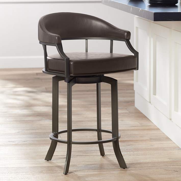 Edy 26 Brown Faux Leather Swivel, Faux Leather Bar Stools With Arms