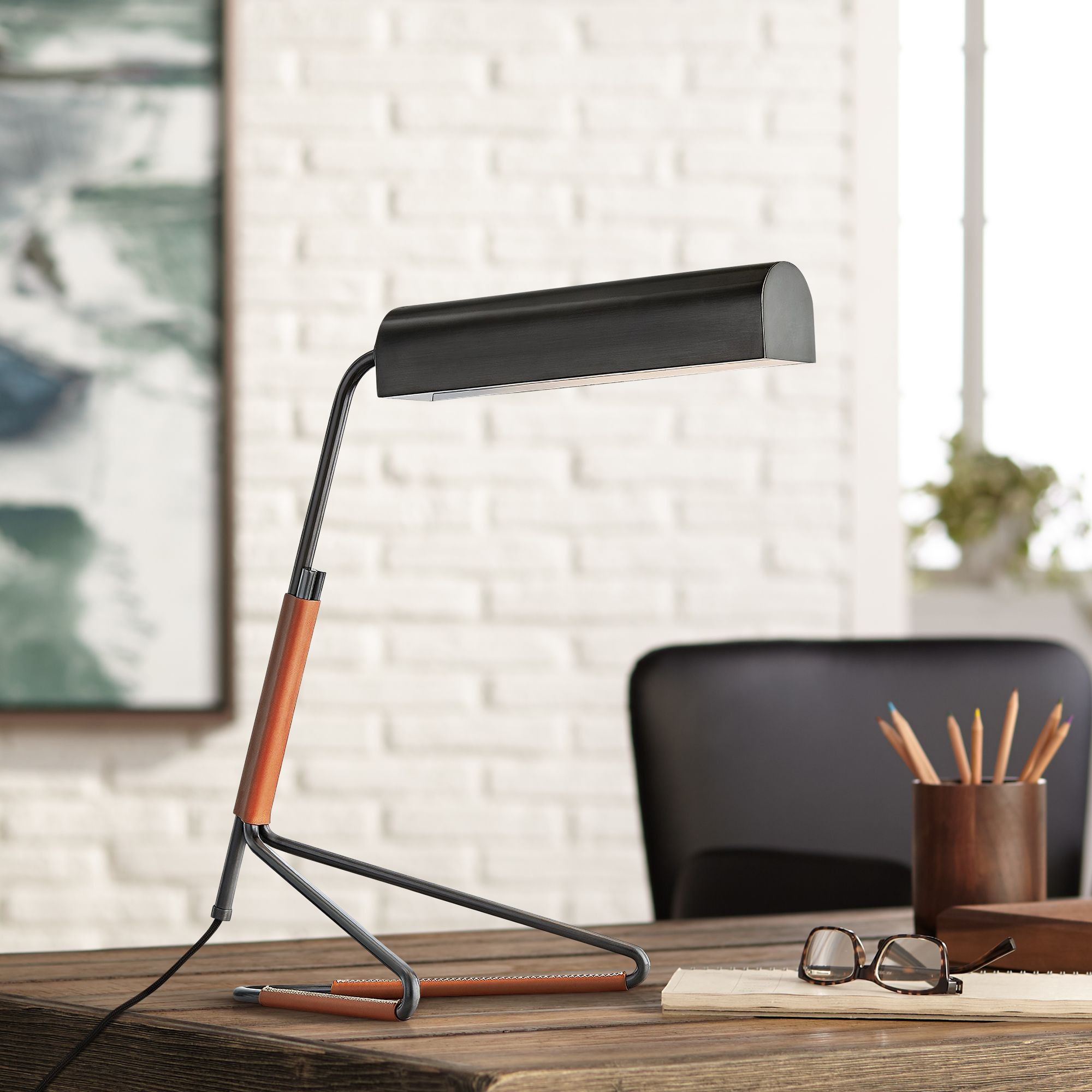 Vance Old Bronze and Saddle Leather LED Desk Lamp