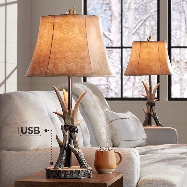 Boone Rustic Antler Usb Table Lamps Set, Rustic Bedside Table Lamps