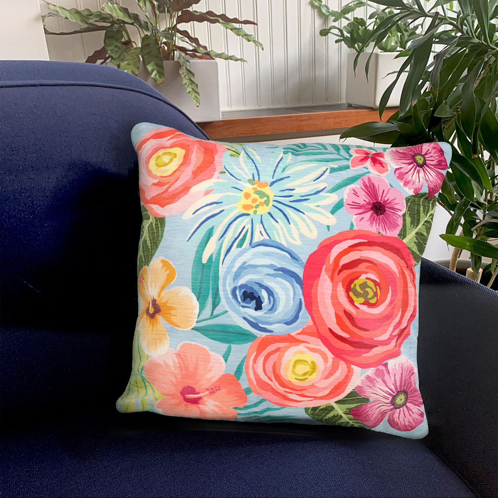 Illusions Flower Garden Blue 18" Square Outdoor Throw Pillow