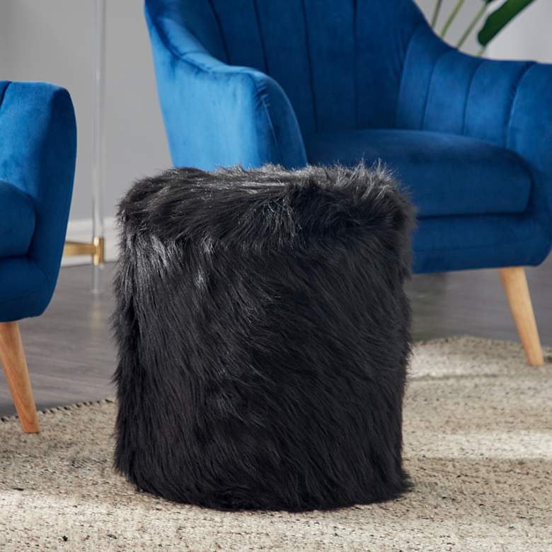 Image 1 Carminna Black Faux Fur Round Accent Stool with Storage