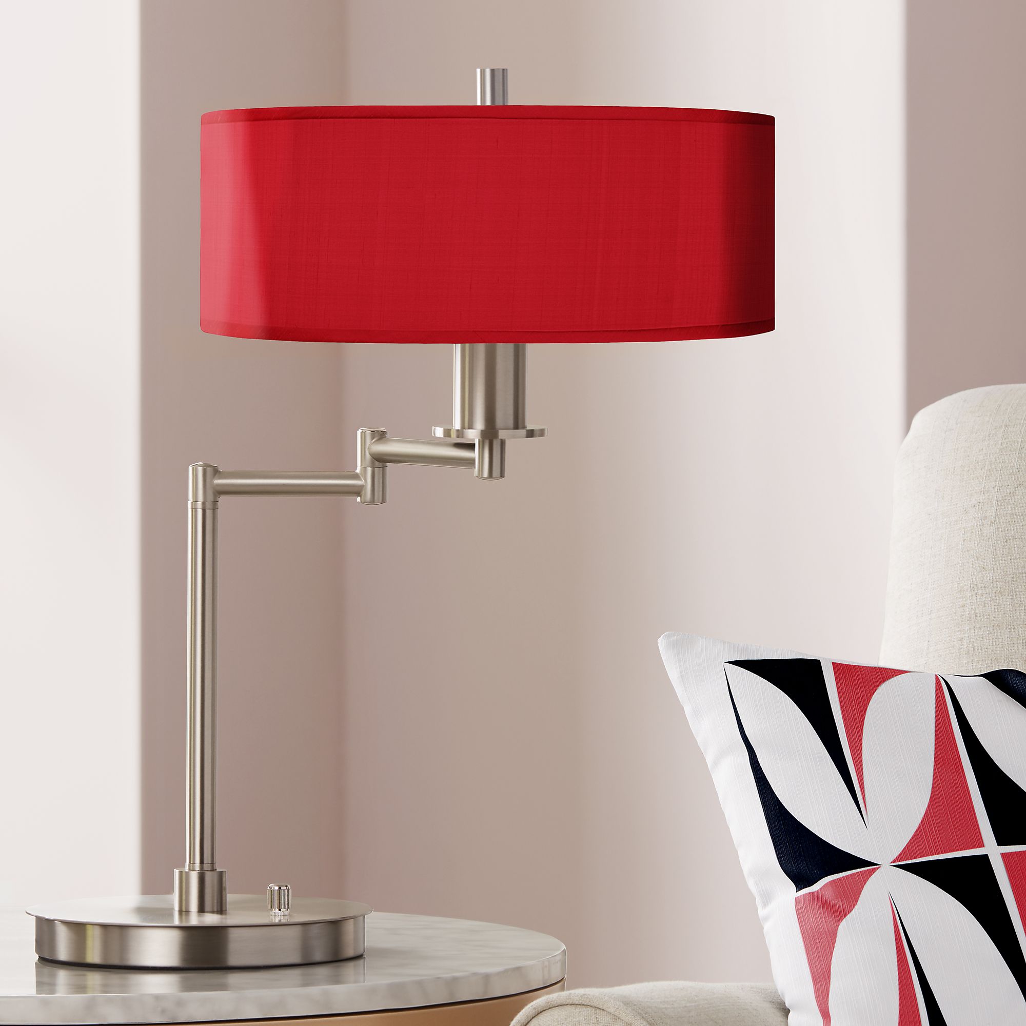 Red Textured Faux Silk Swing Arm LED Desk Lamp