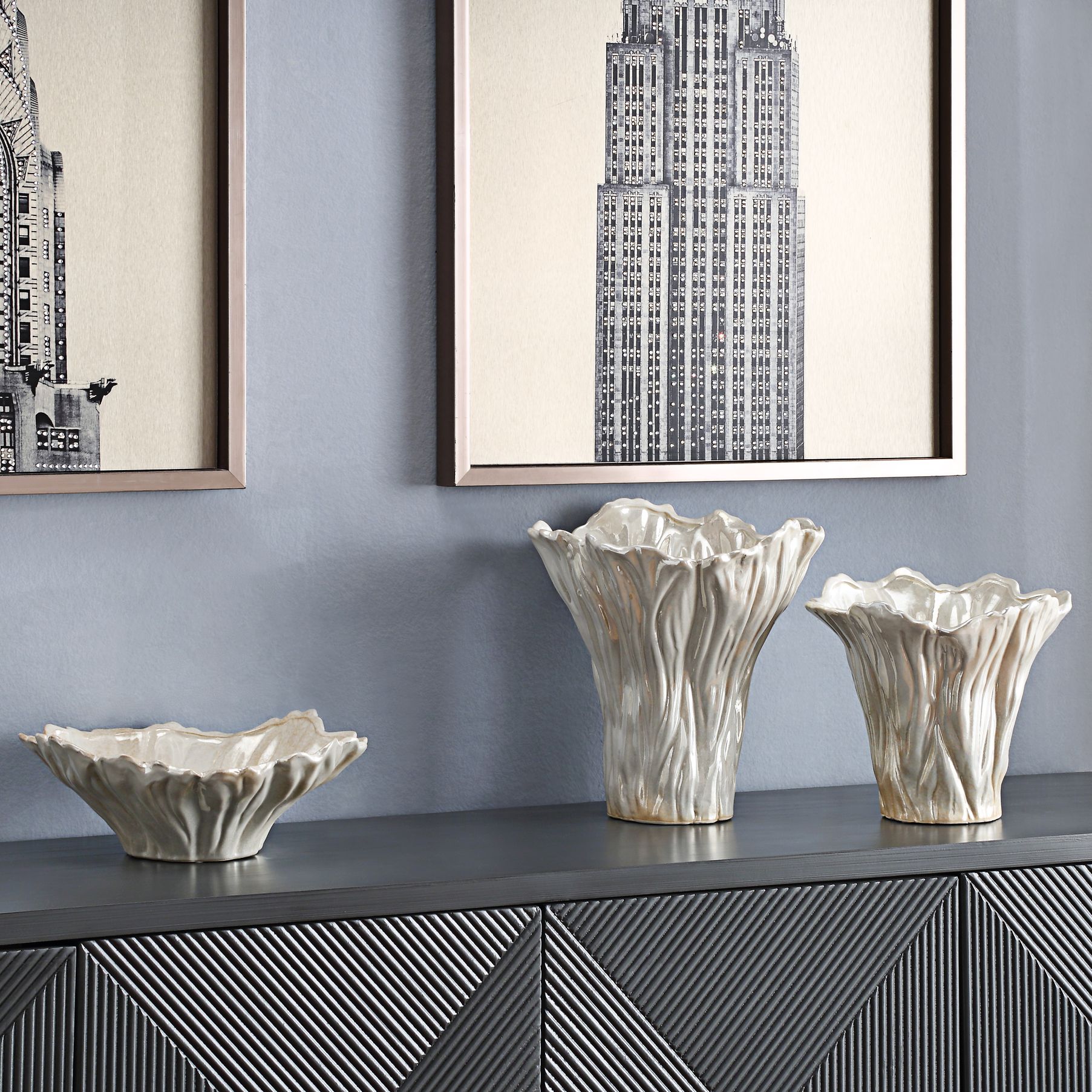 Quinton 3-Piece White Glazed Ceramic Vases and Bowl Set