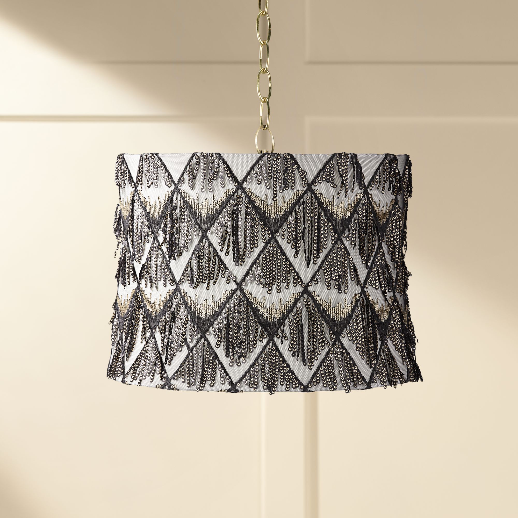 Black and Cream Sequin 14" Wide Antique Brass Pendant Light
