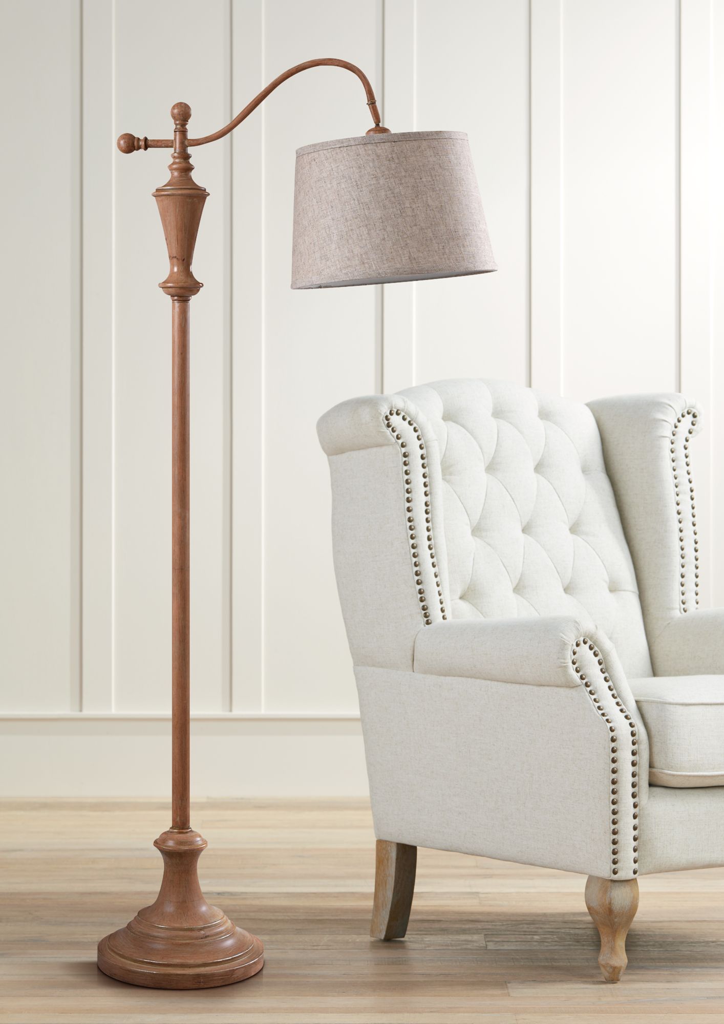 Vintage Walnut Wood Downbridge Floor Lamp with Oatmeal Shade 81N16