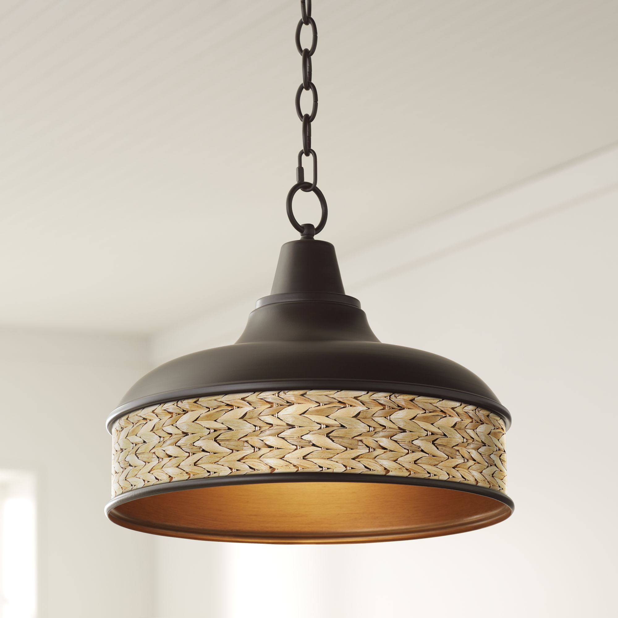 Seagrass Print Benson 15" Wide Bronze Pendant Light