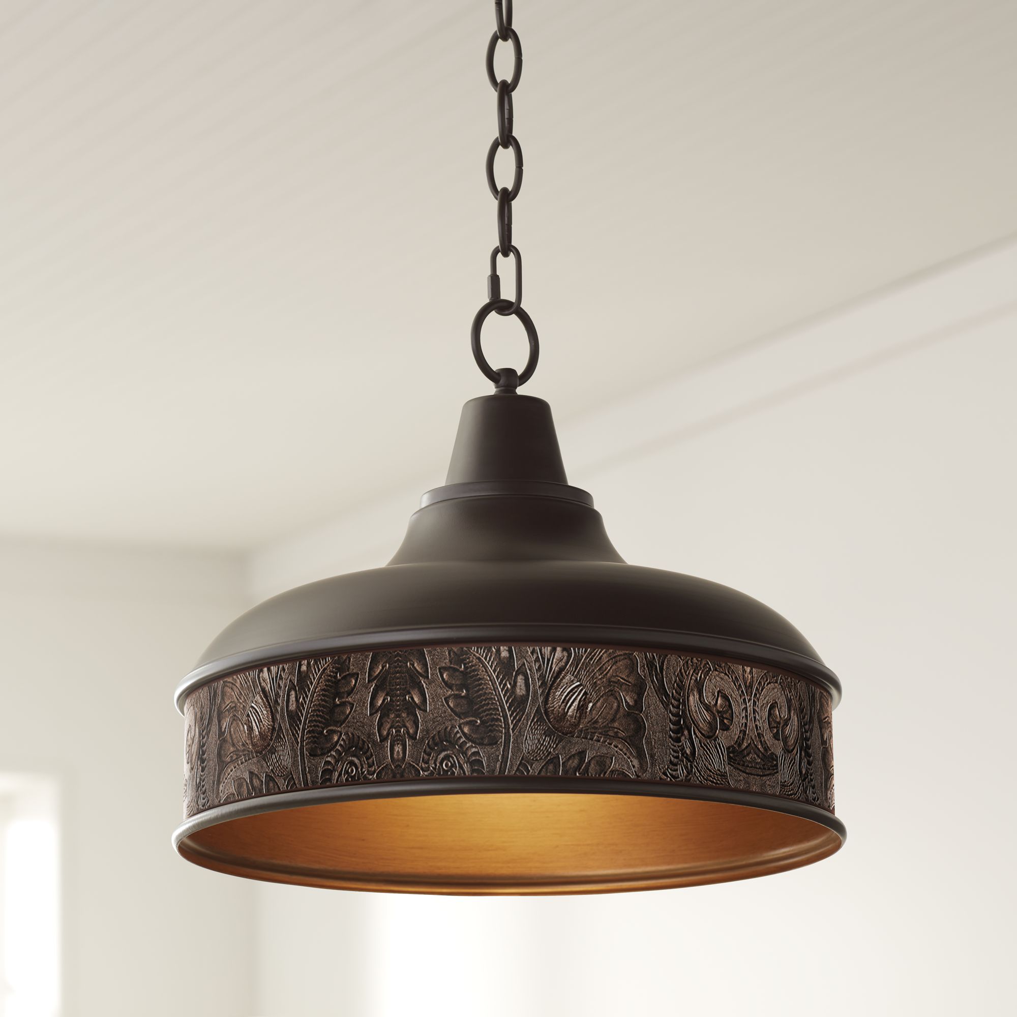 Embossed Faux Leather 15" Wide Benson Bronze Pendant