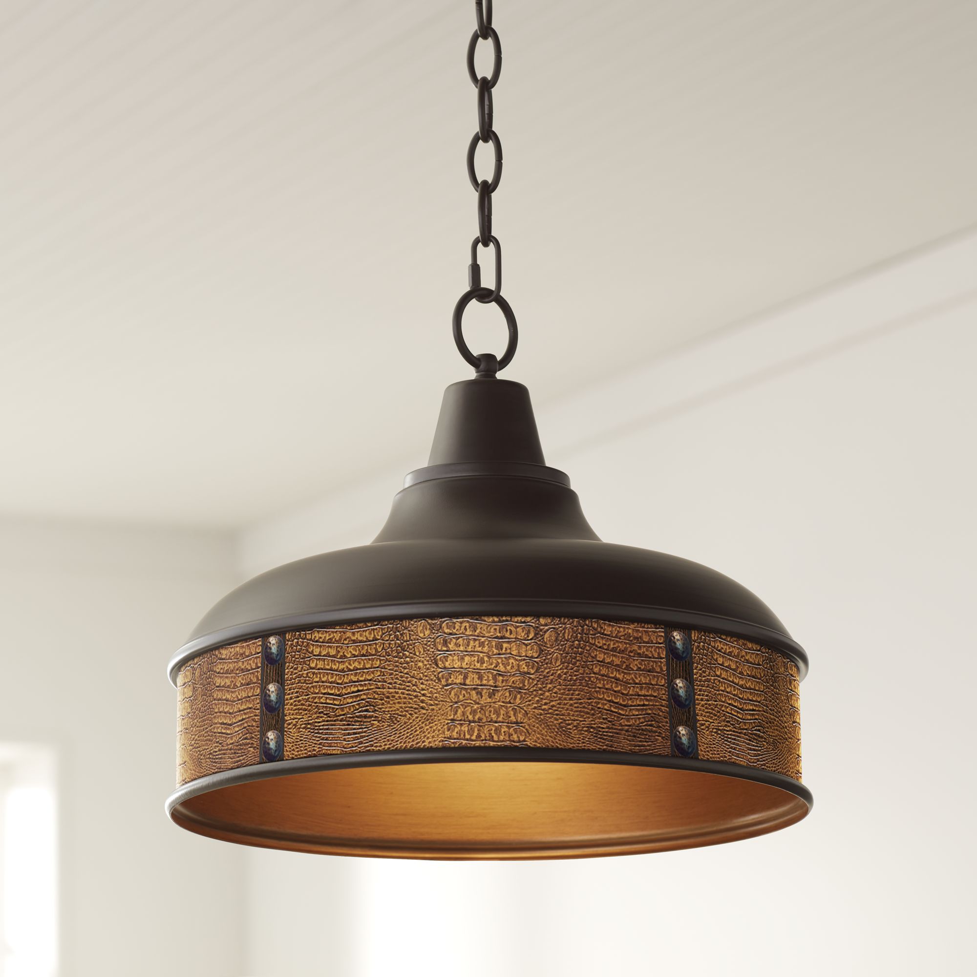 Crocodile Faux Leather 15" Wide Benson Bronze Pendant Light