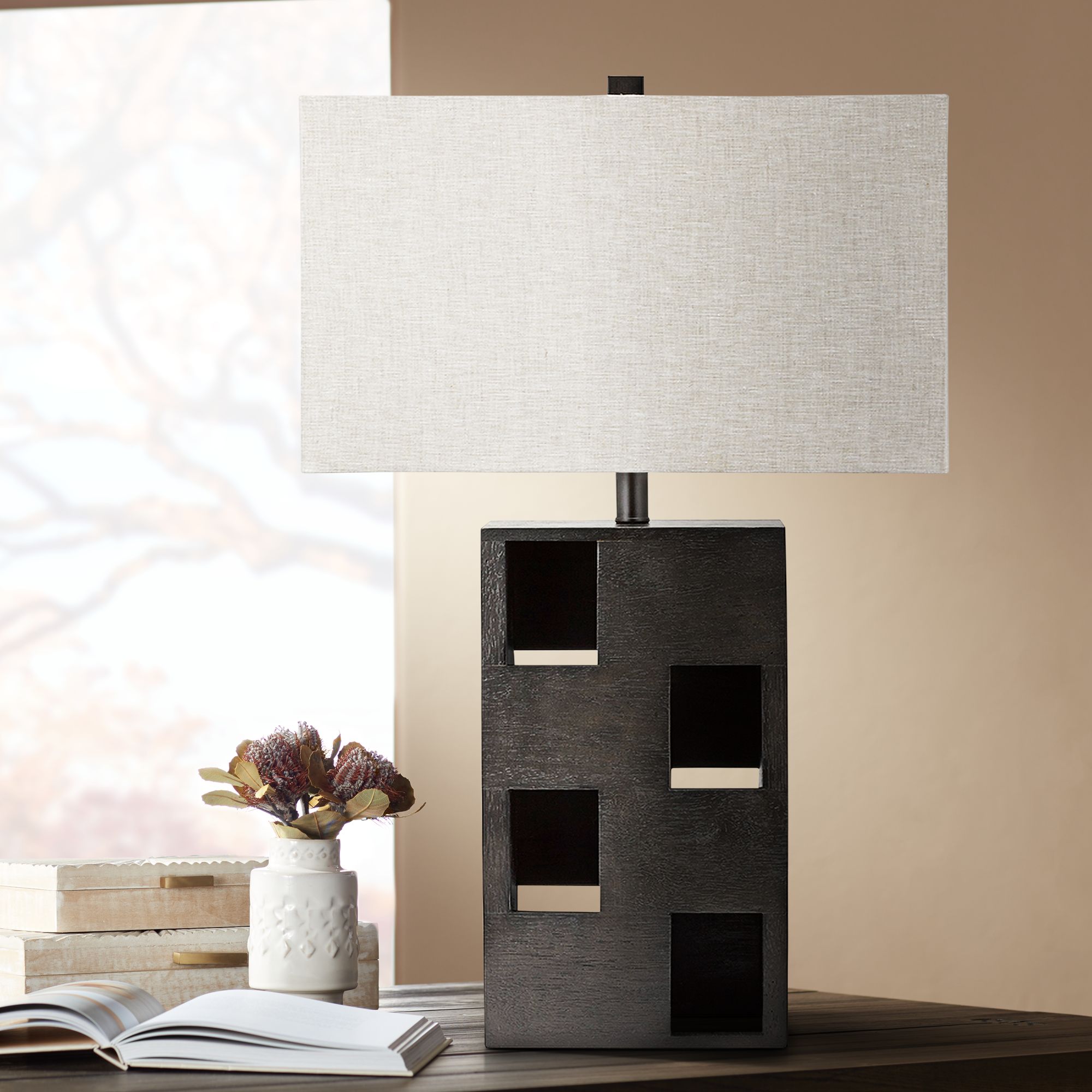 Smooth Wood Bronze Rectangular LED Table Lamp