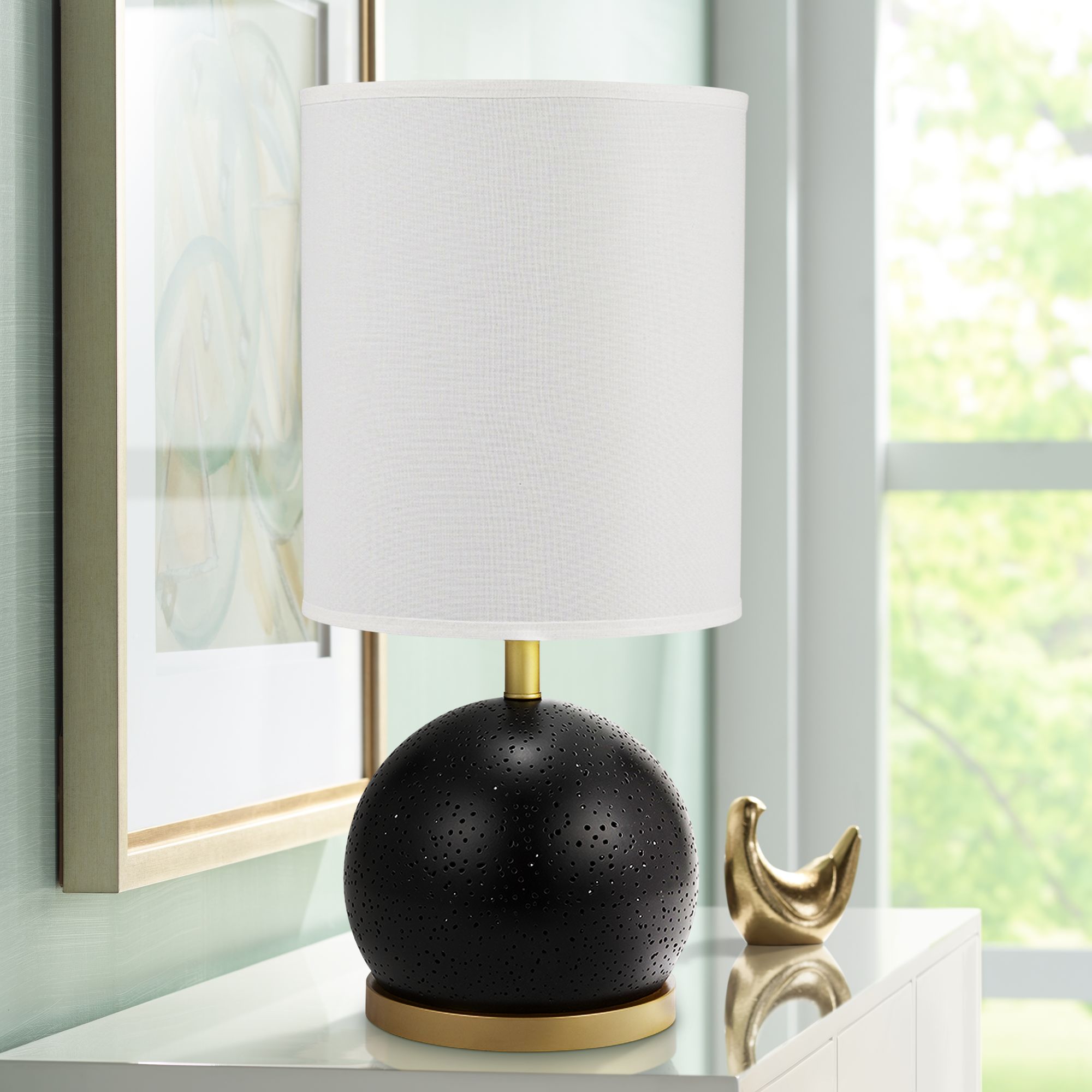 Pierced Matte Black Metal LED Table Lamp with Nightlight