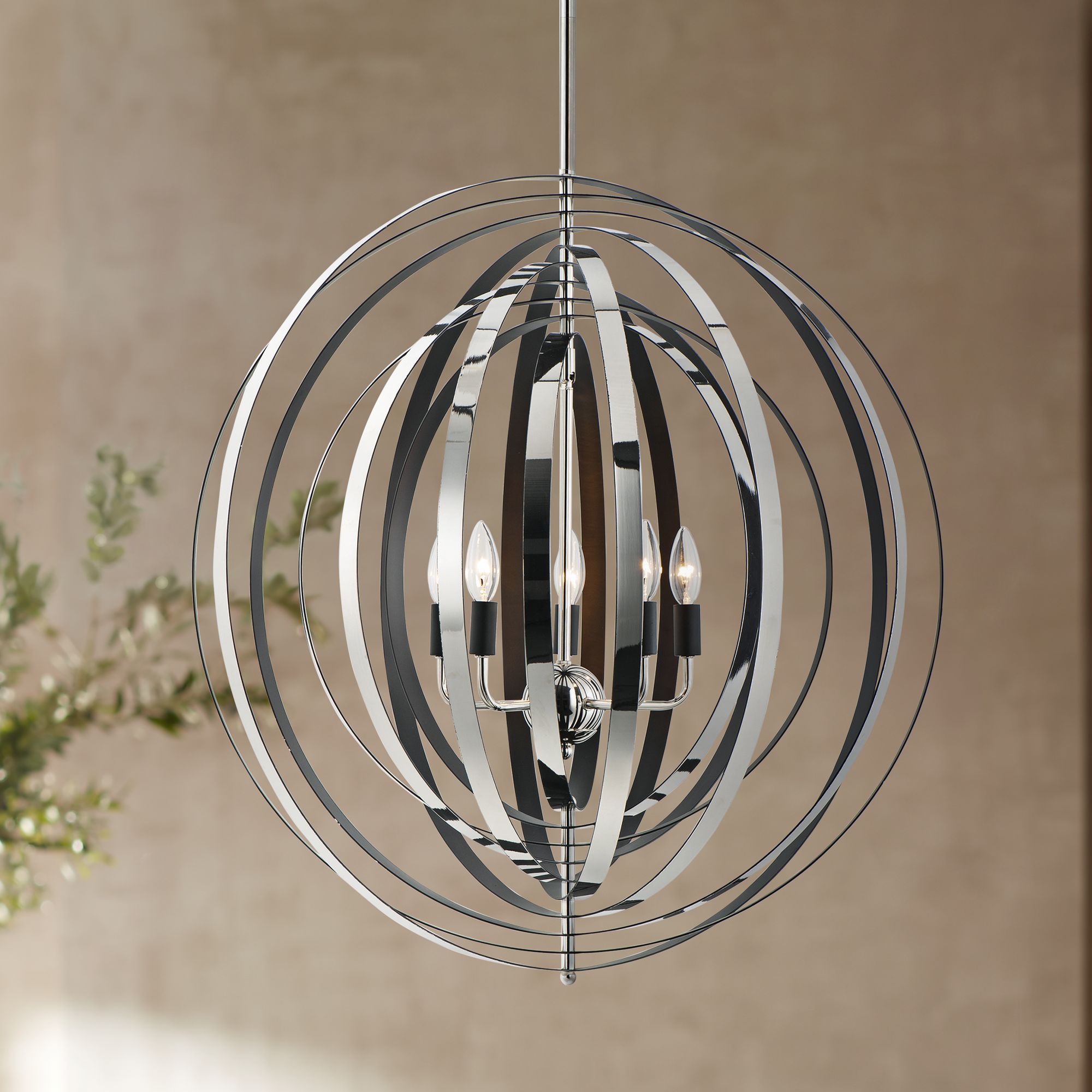 Radial 30" Wide Circular Nickel Black 5-Light Pendant Light