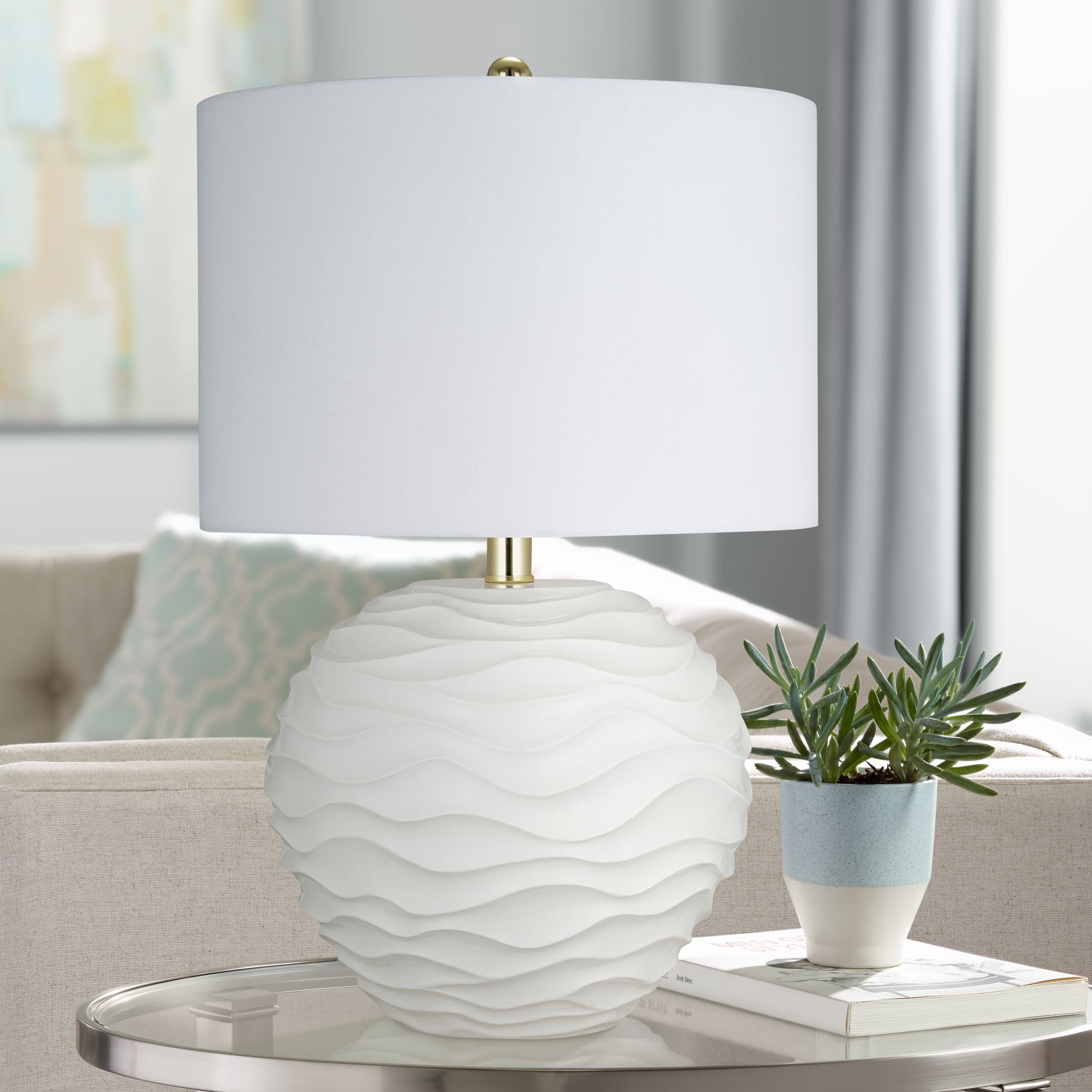 White Ruffle Textured Sphere LED Table Lamp