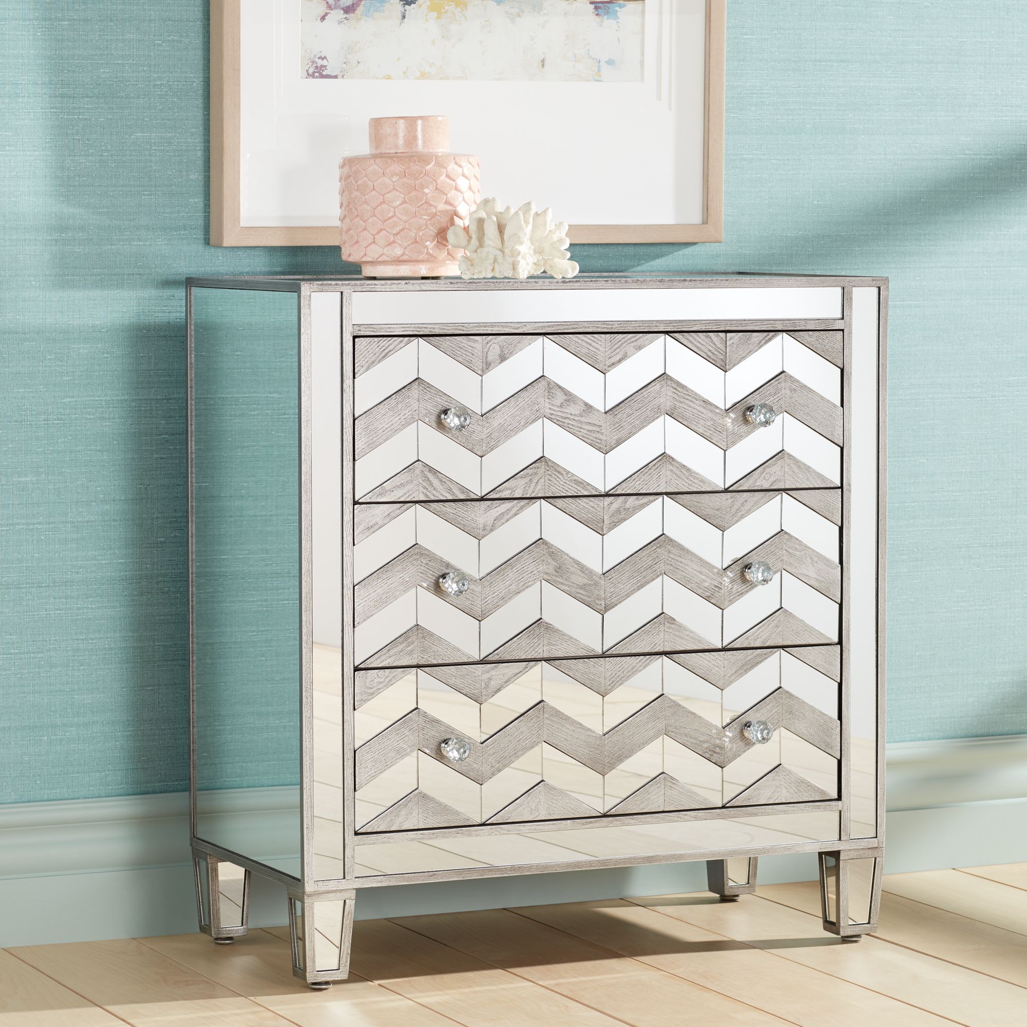 Mirrored Chevron 32" Wide 3-Drawer Accent Chest