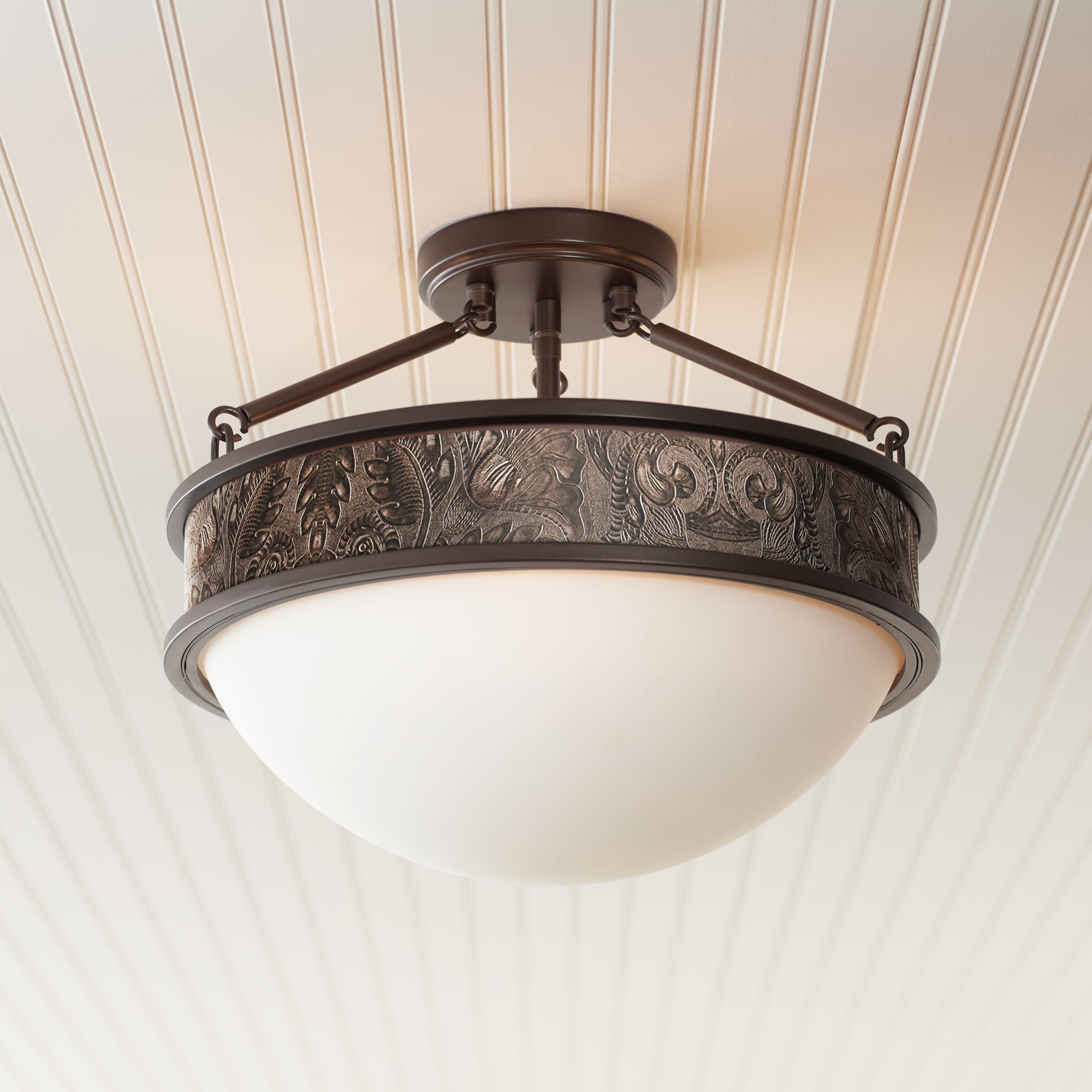Embossed Leather Banded 16"W Oil-Rubbed Bronze Ceiling Light
