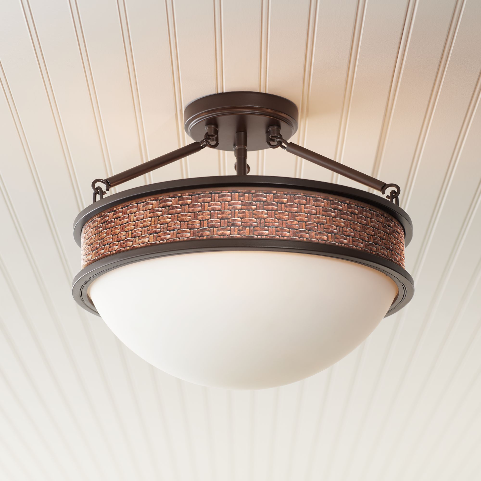 Woven Leather Banded 16"W Oil-Rubbed Bronze Ceiling Light