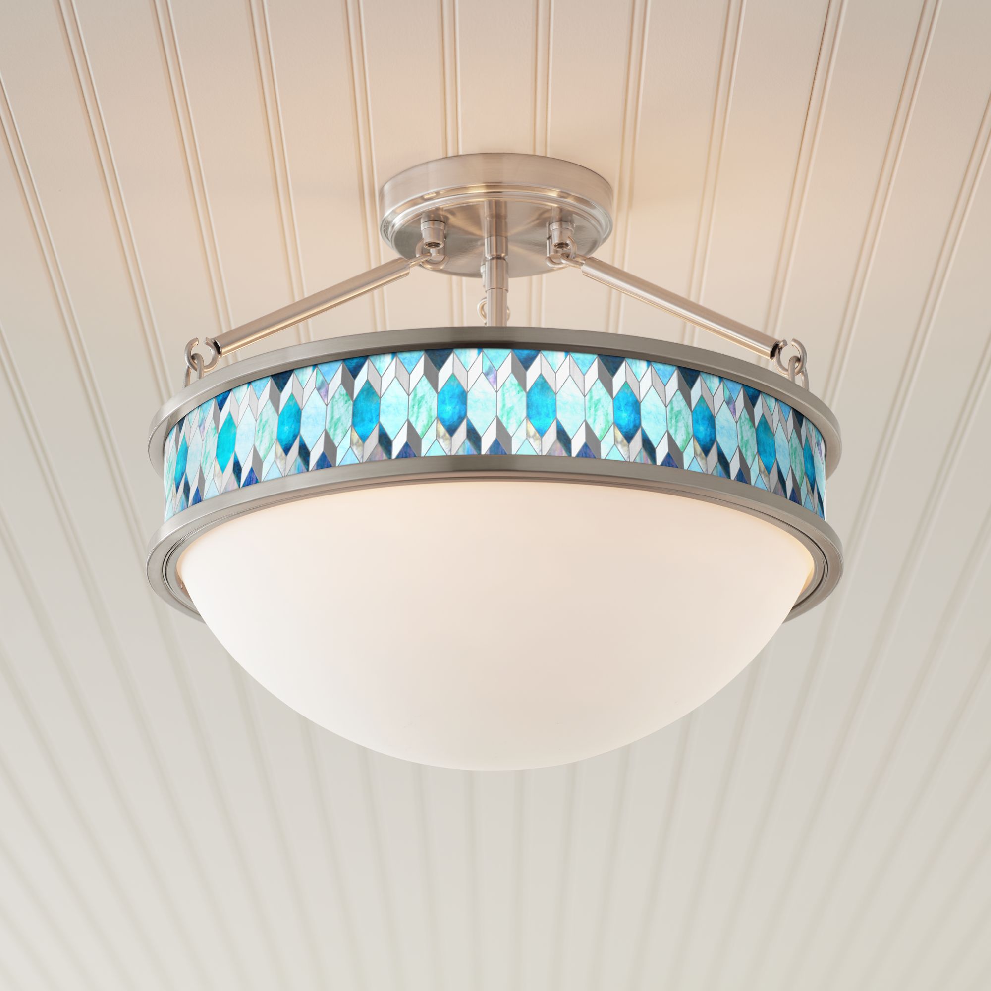 Blue Tiffany-Style Banded 16"W Brushed Nickel Ceiling Light