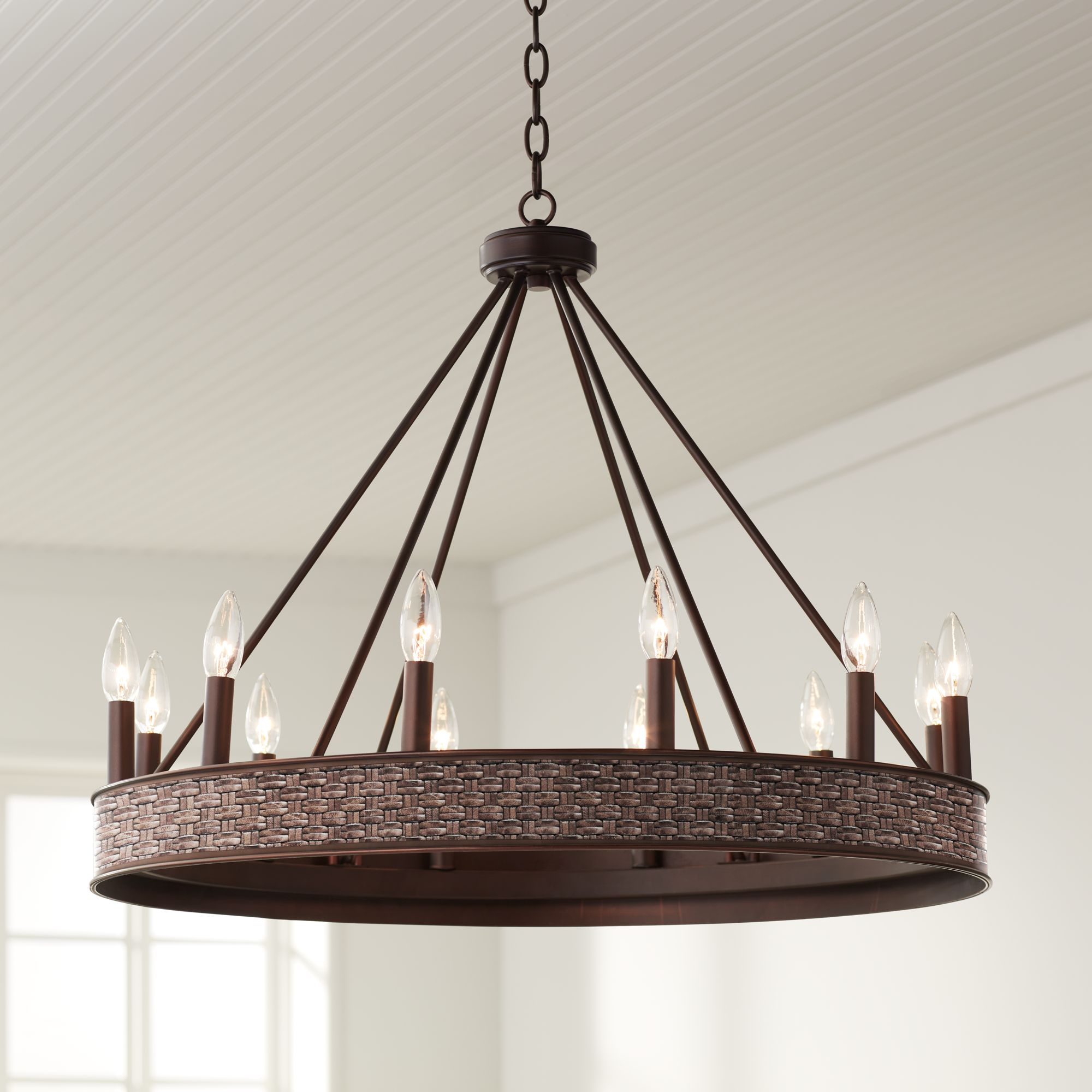 Woven Leather Jessa 29 1/2" Wide Bronze Wheel Chandelier
