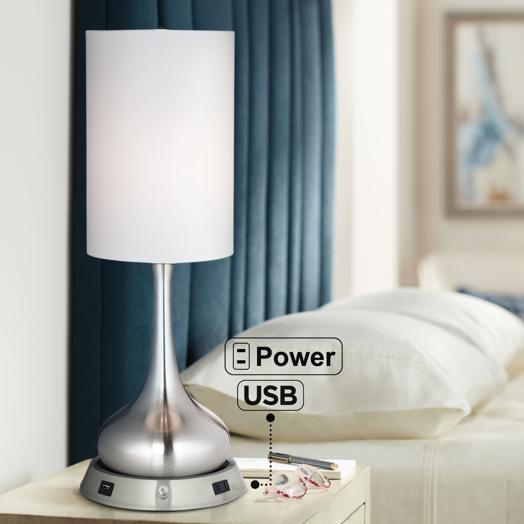Brushed Nickel Droplet Lamp w/ Dimmable USB Workstation Base