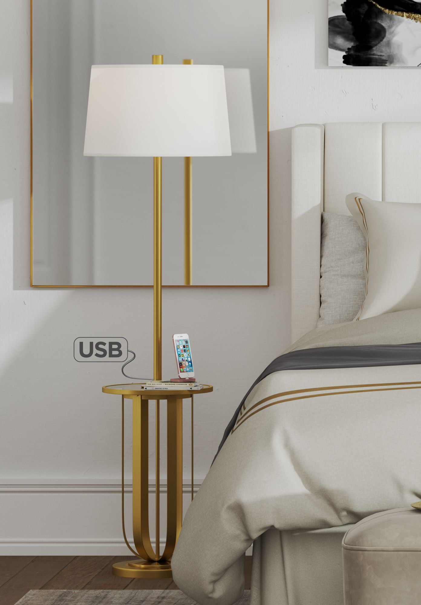 Possini Euro Wilshire Brass USB Tray Table Floor Lamp 83J90 Lamps Plus