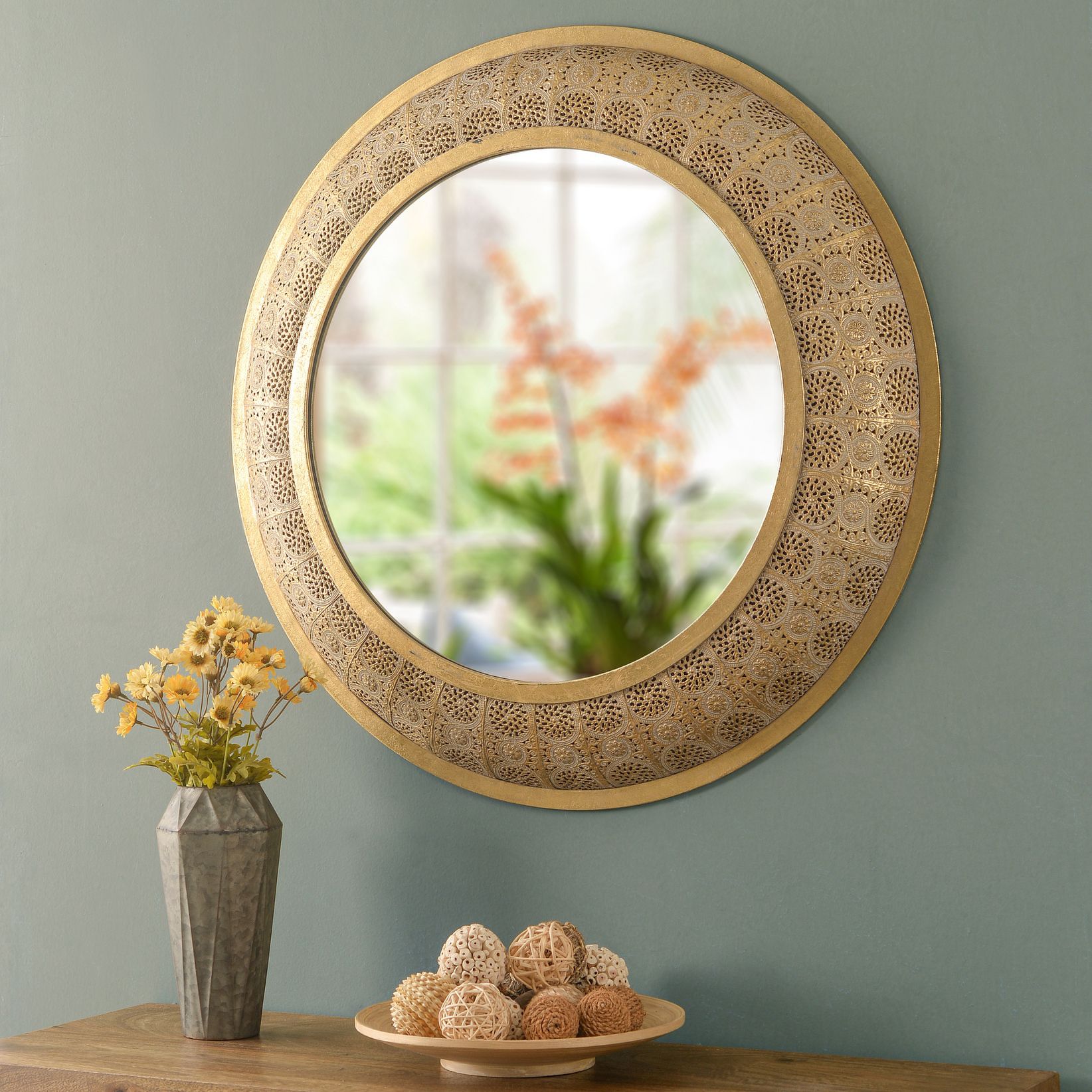 Kenroy Home Emmeline Ornate Golden 30" Round Wall Mirror