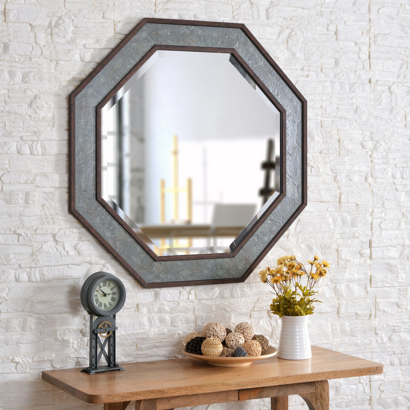 Saundra Green Slate and Brown 34" x Octagon Wall Mirror