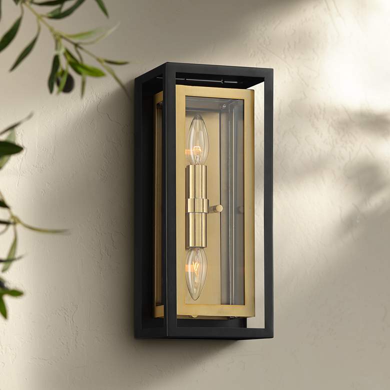 Possini Euro Kie 14&quot; High Black and Brass Outdoor Wall Light
