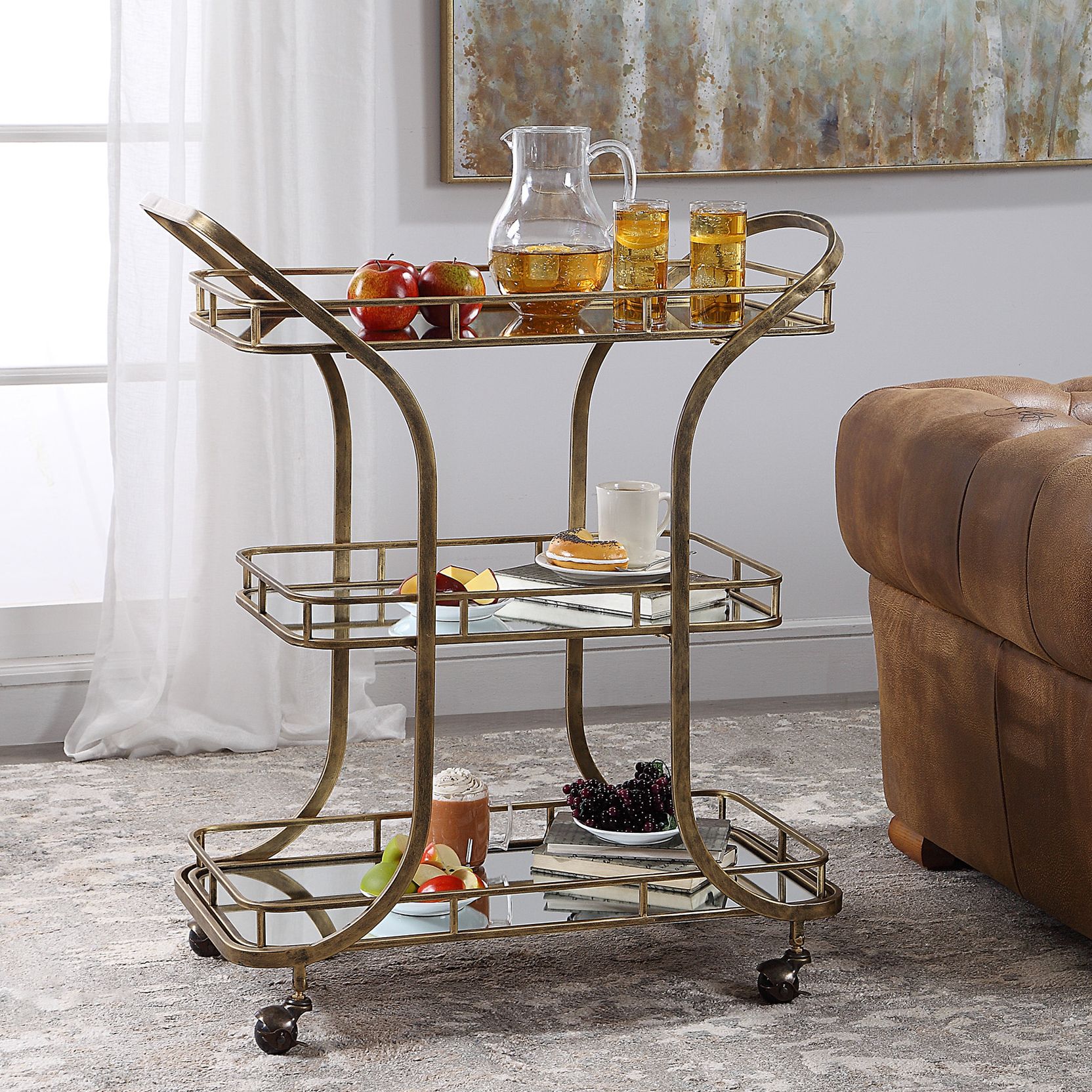 Uttermost Stassi 33" Wide Antiqued Gold Serving Cart
