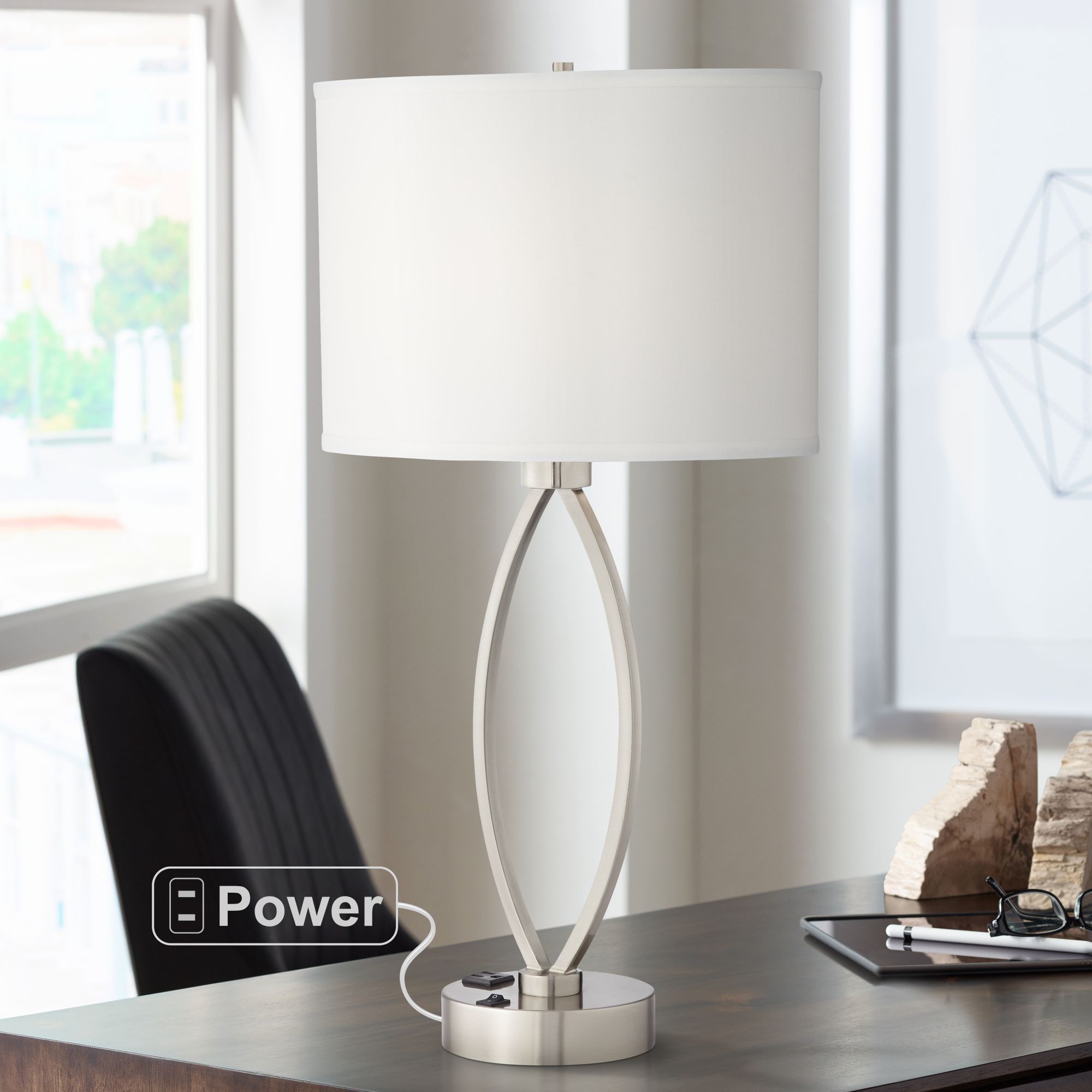 Eye-Shaped Brushed Nickel Metal Table Lamp with Outlet
