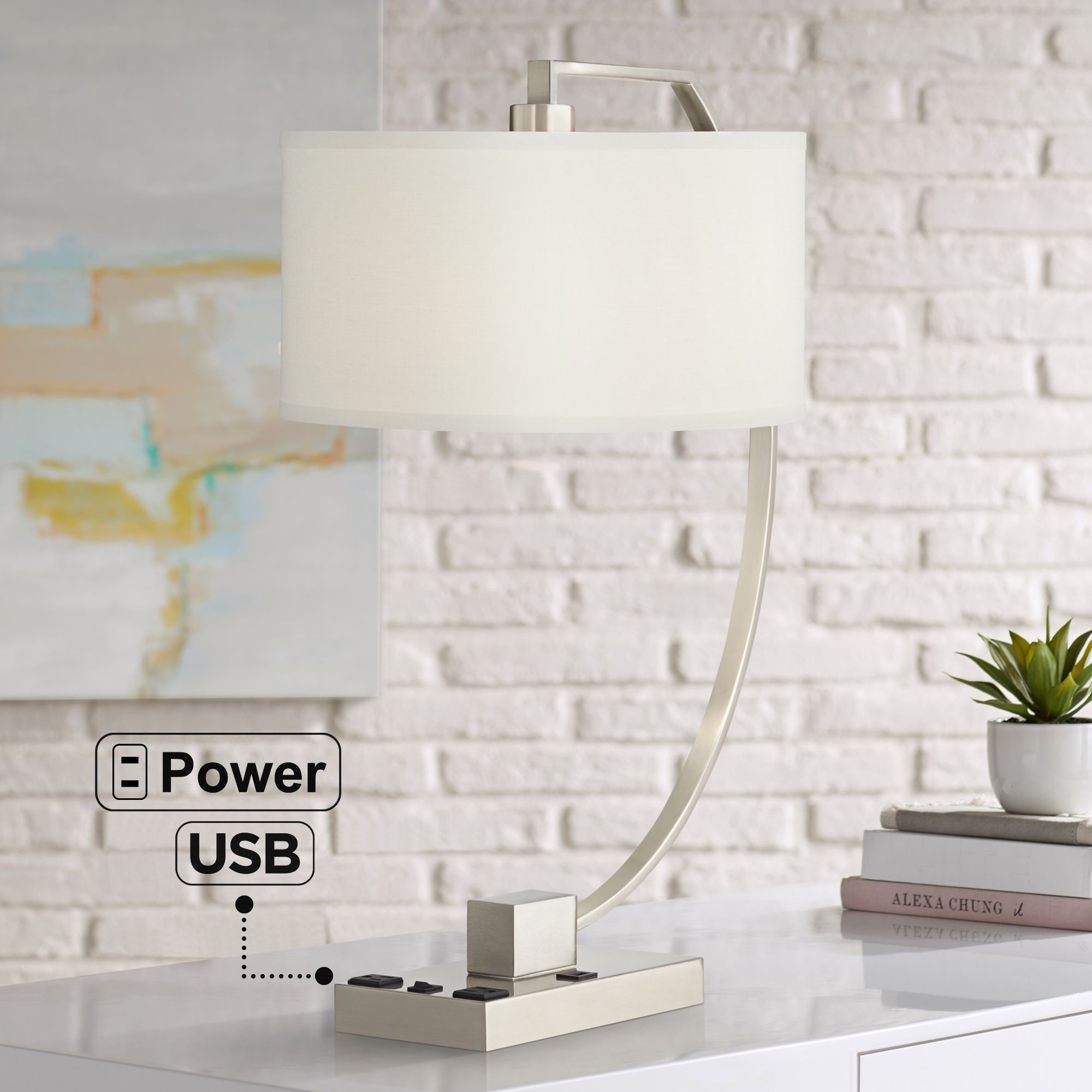 Blanco Nickel Arc Table Lamp with USB Port and Outlets