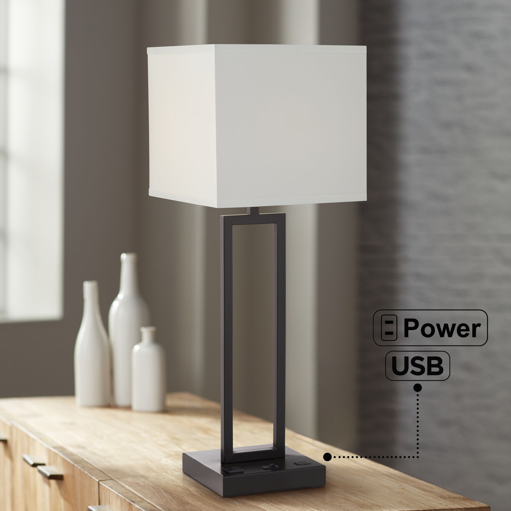 Acuous Dark Bronze Table Lamp with USB Port and Outlet