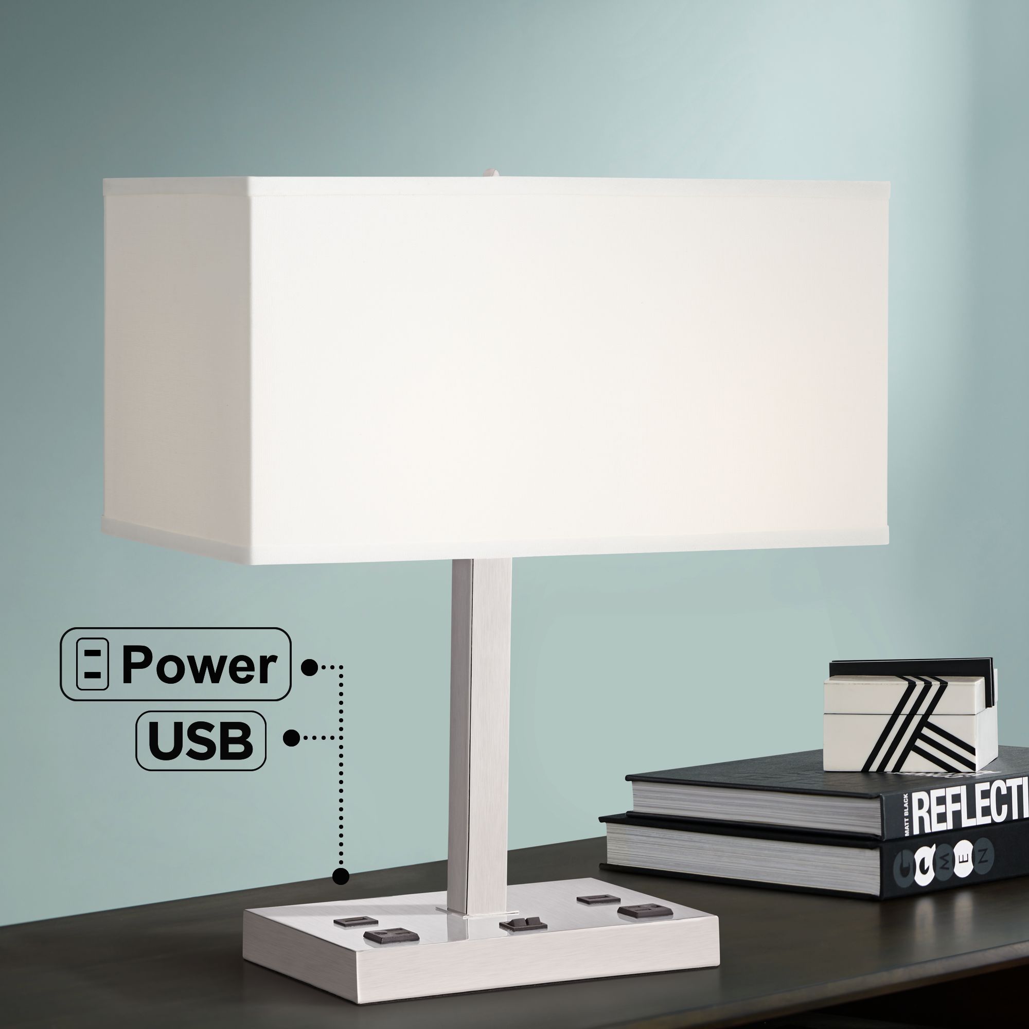 Jensen Nickel Accent Table Lamp with USB Port and Outlet