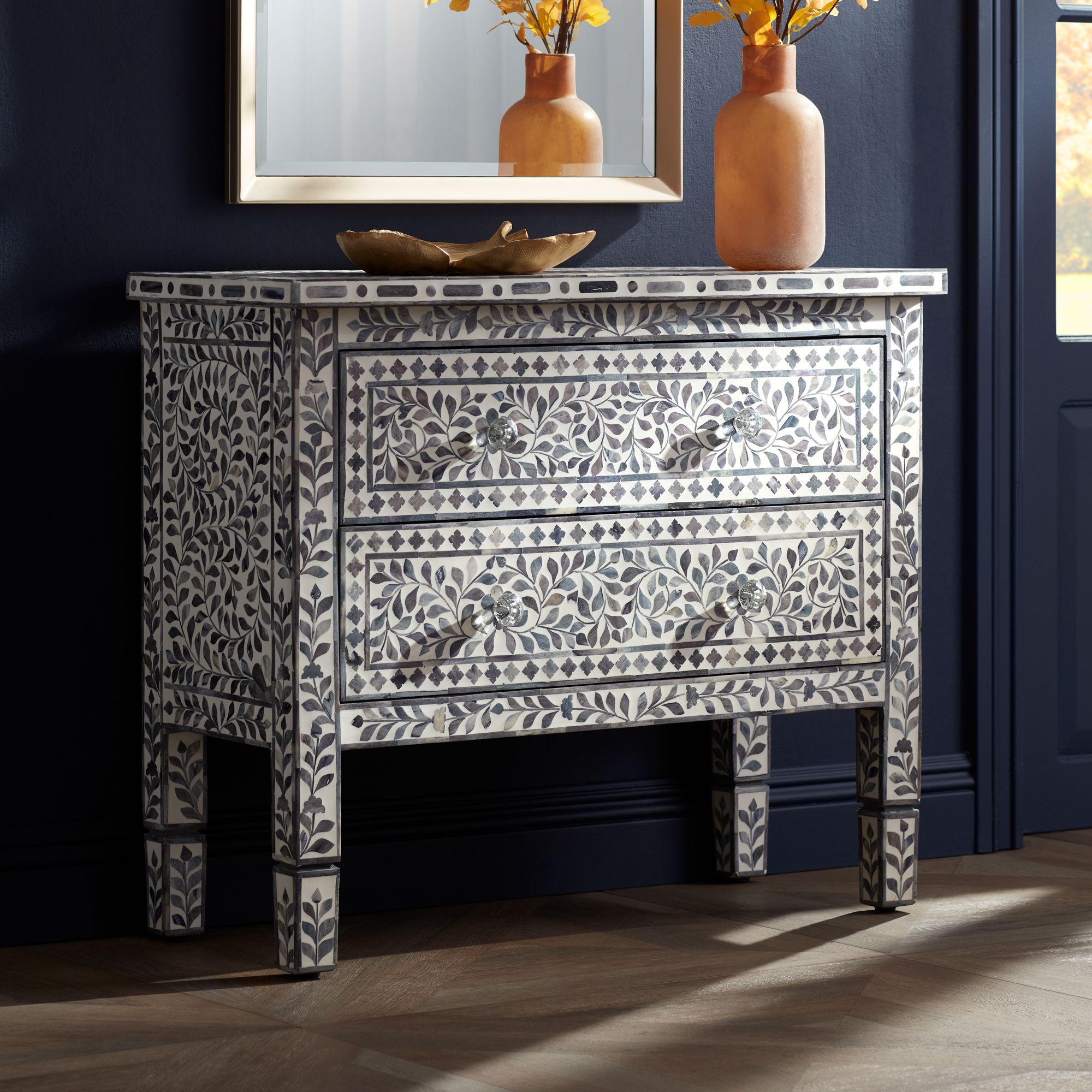 Kaylee's Garden 34" Wide Bone Inlay Floral Pattern 2-Drawer Chest