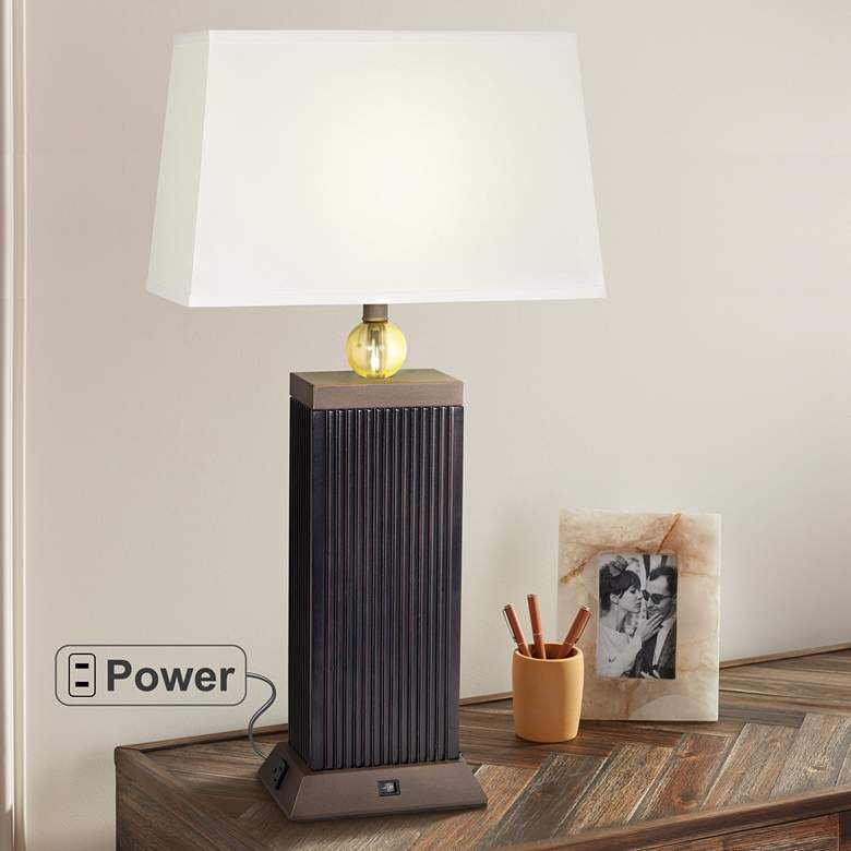 Image 1 LeVar Espresso Table Lamp With Built In 3-Prong Electrical Outlets