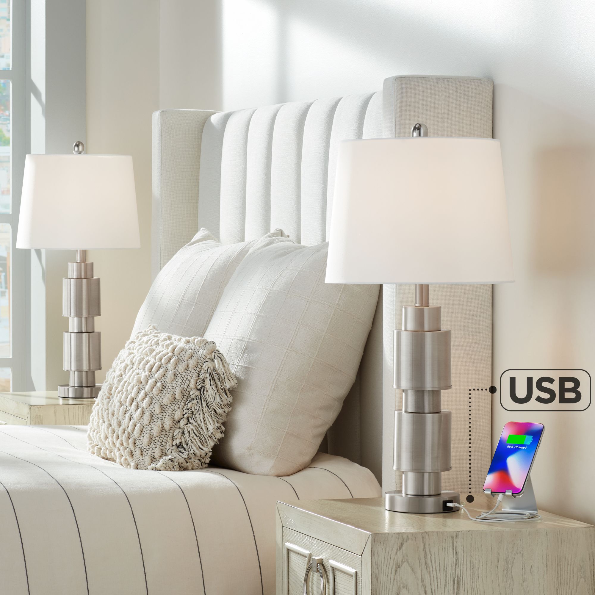 Boris Brushed Nickel Modern USB Table Lamp Set of 2 85V96 Lamps Plus