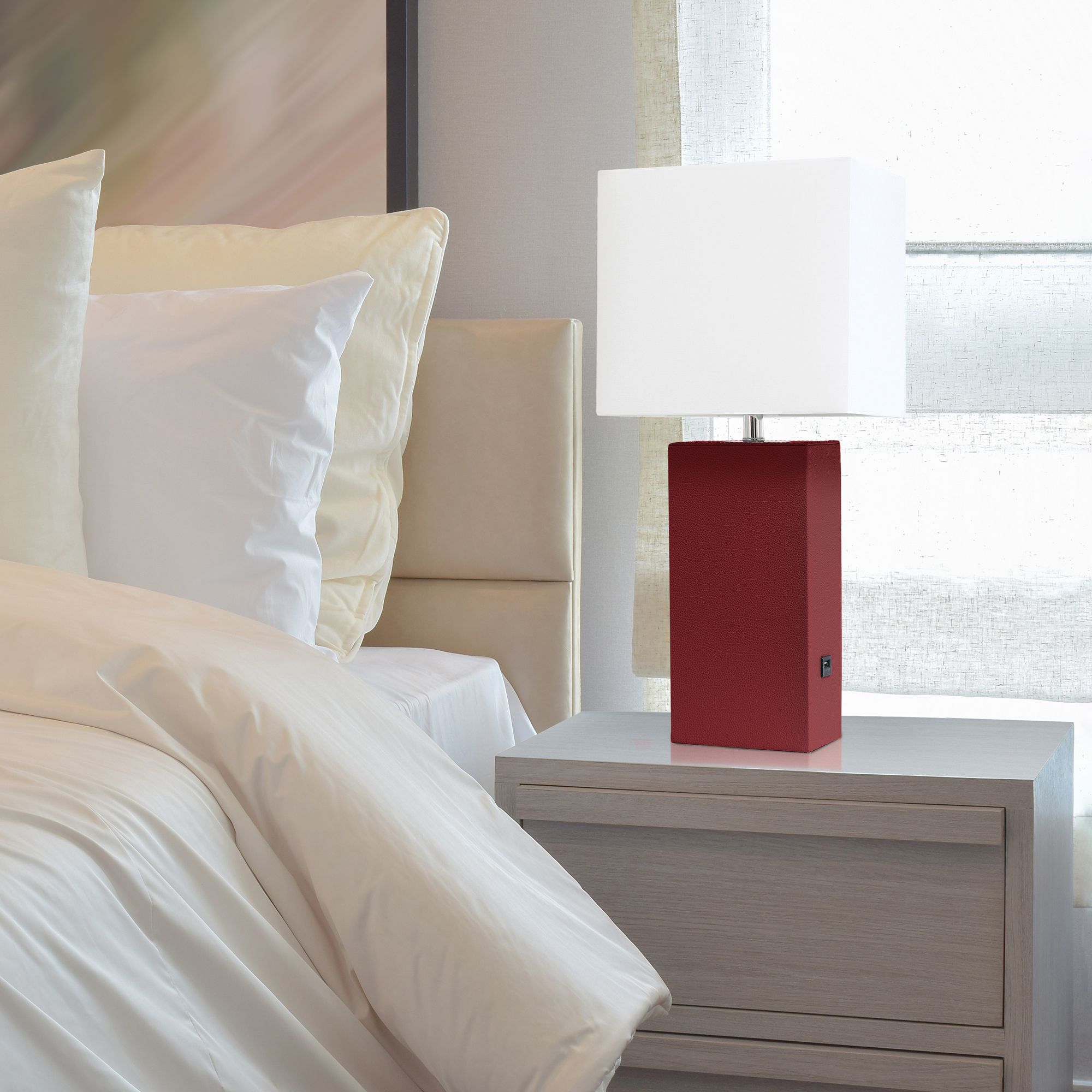 Elegant Designs Red Leather Accent Table Lamp with USB Port