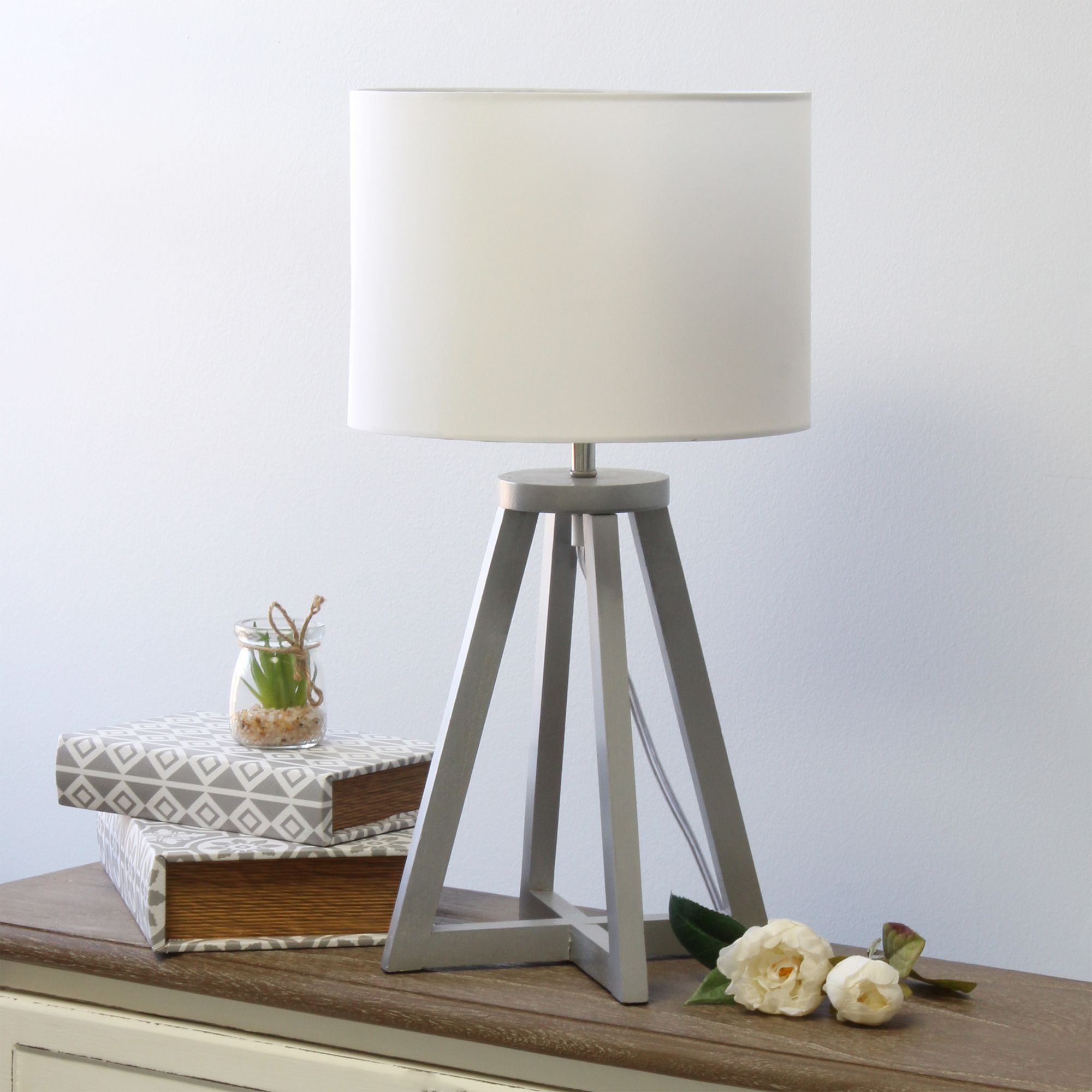 gray and white table lamps