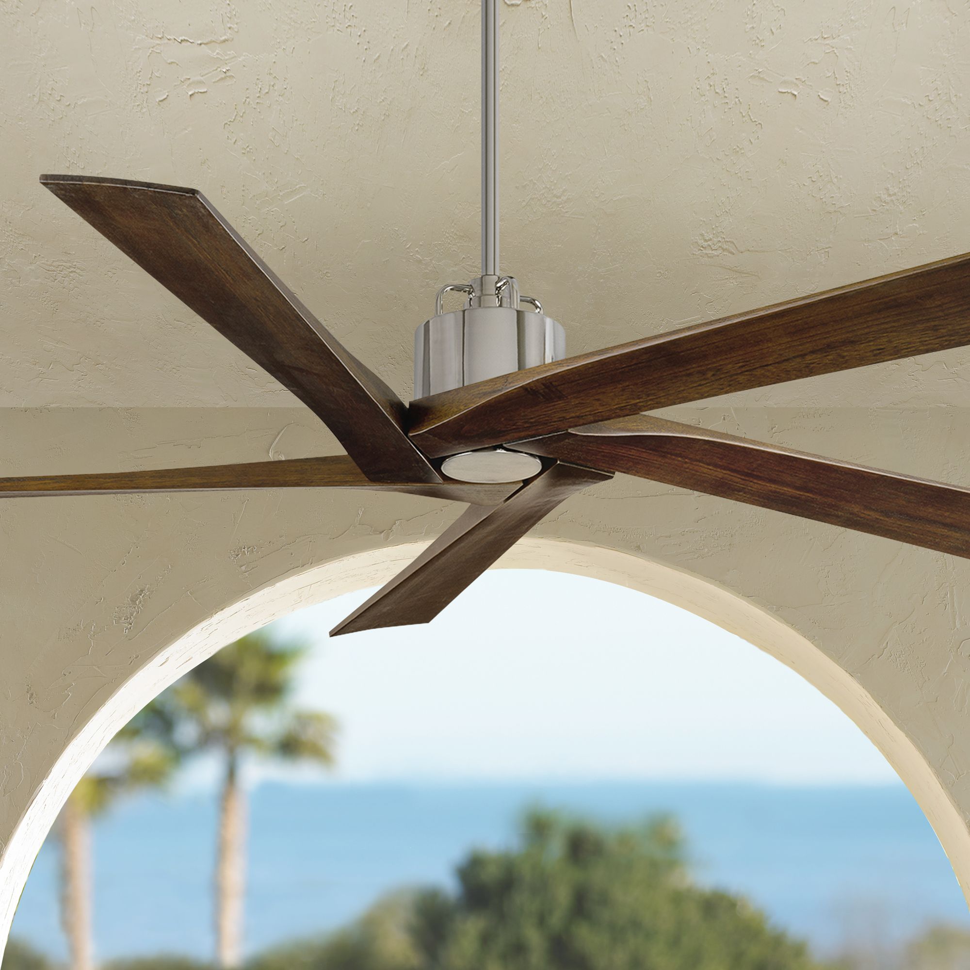 56" Monte Carlo Aspen Polished Nickel and Dark Walnut Damp Ceiling Fan