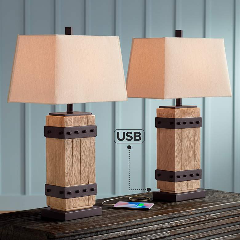 Image 1 Silas Wood Finish Rustic USB Table Lamps Set of 2