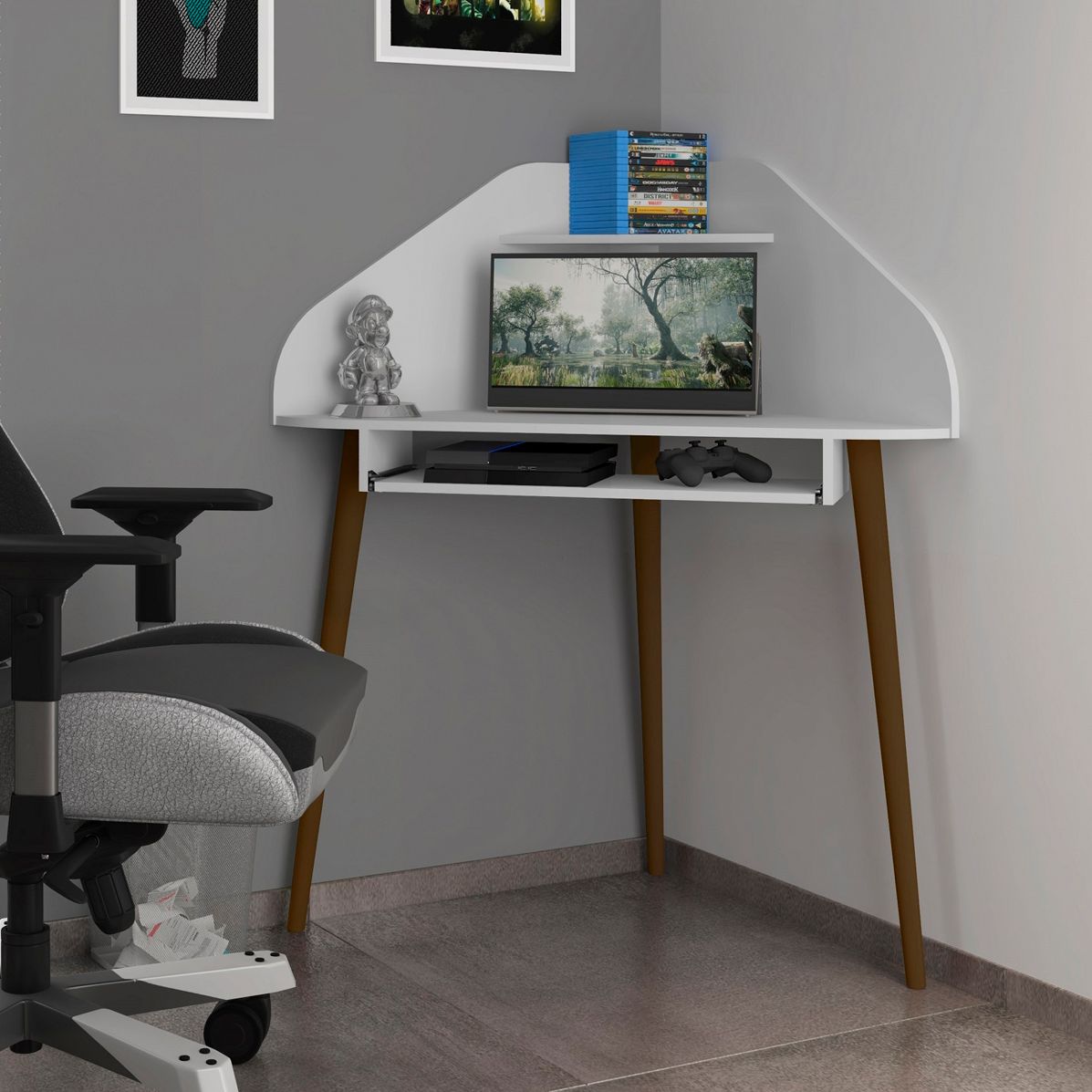 Bradley 44" Wide Gloss White Corner Desk with Keyboard Shelf