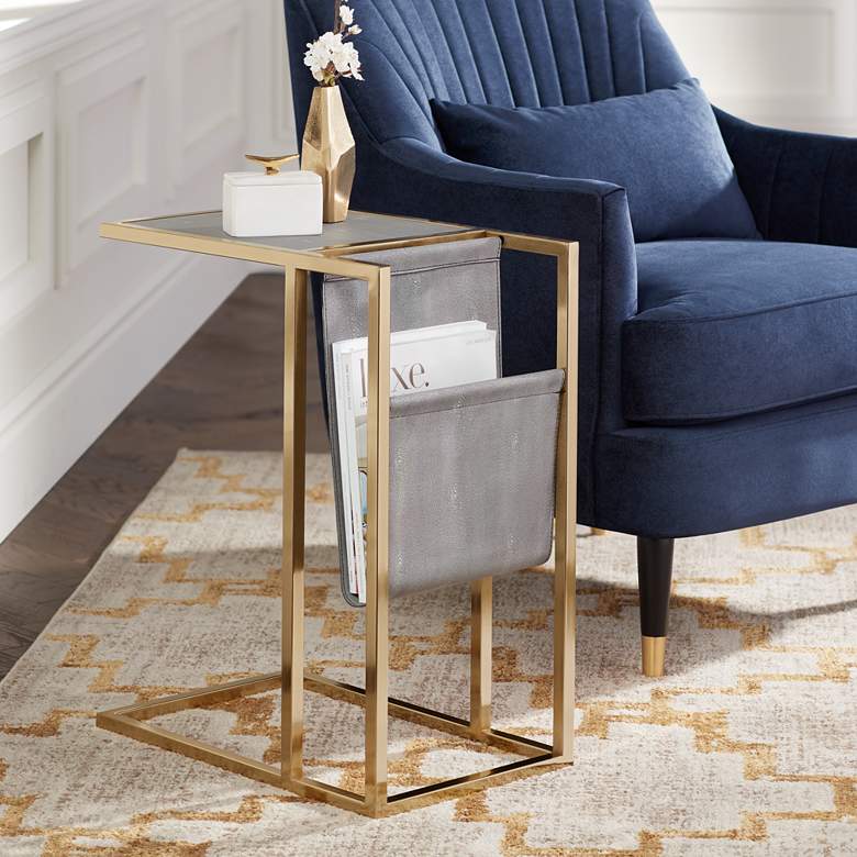 Kingsroad 19&quot; Wide Gold and Gray Accent Table with Magazine Holder