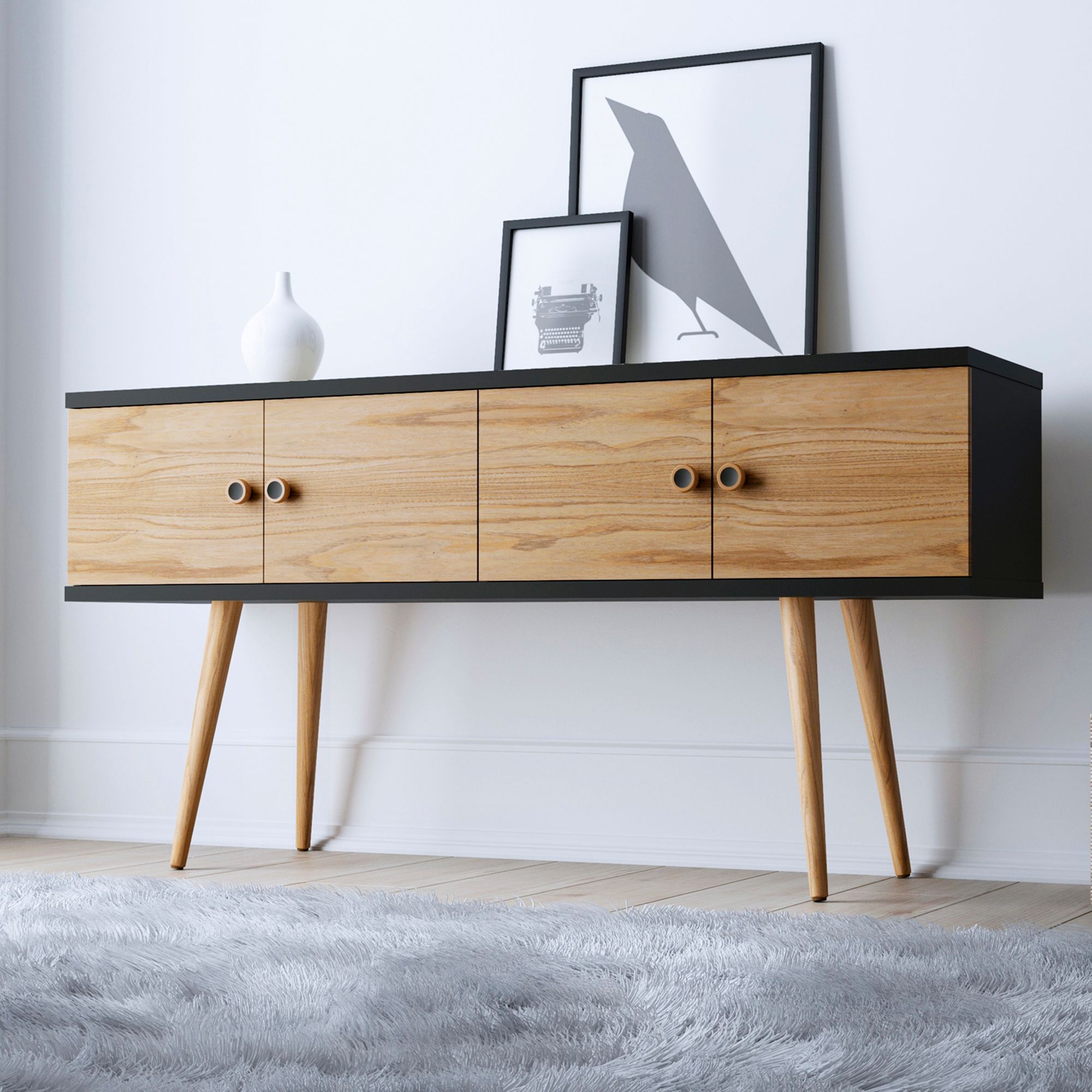 Theodore 60" Wide Matte Black and Cinnamon 4-Door Sideboard