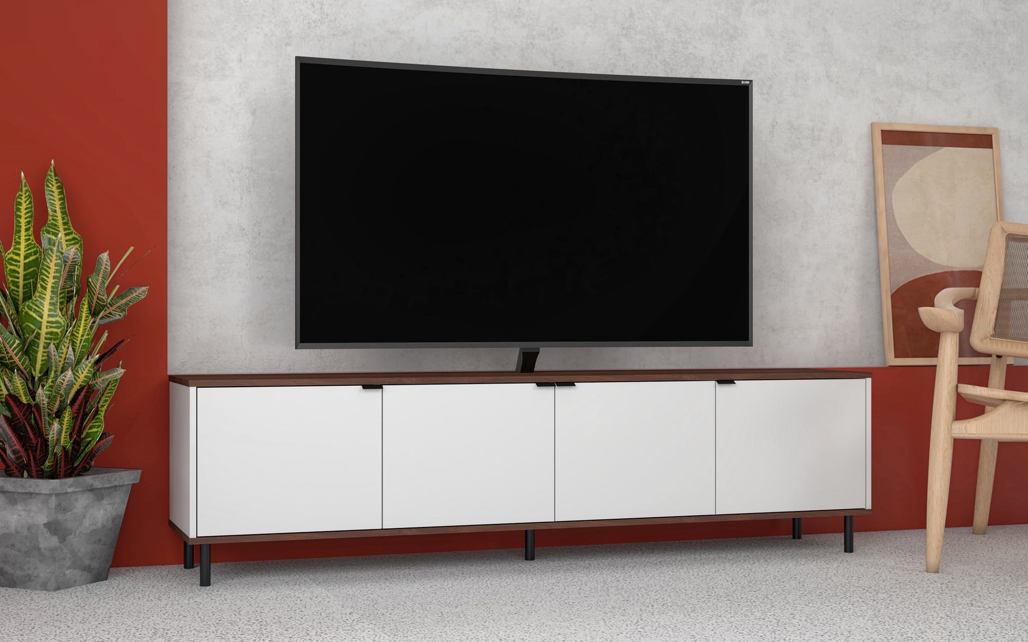 Mosholu 77" Wide Matte White and Nut Brown 4-Shelf TV Stand