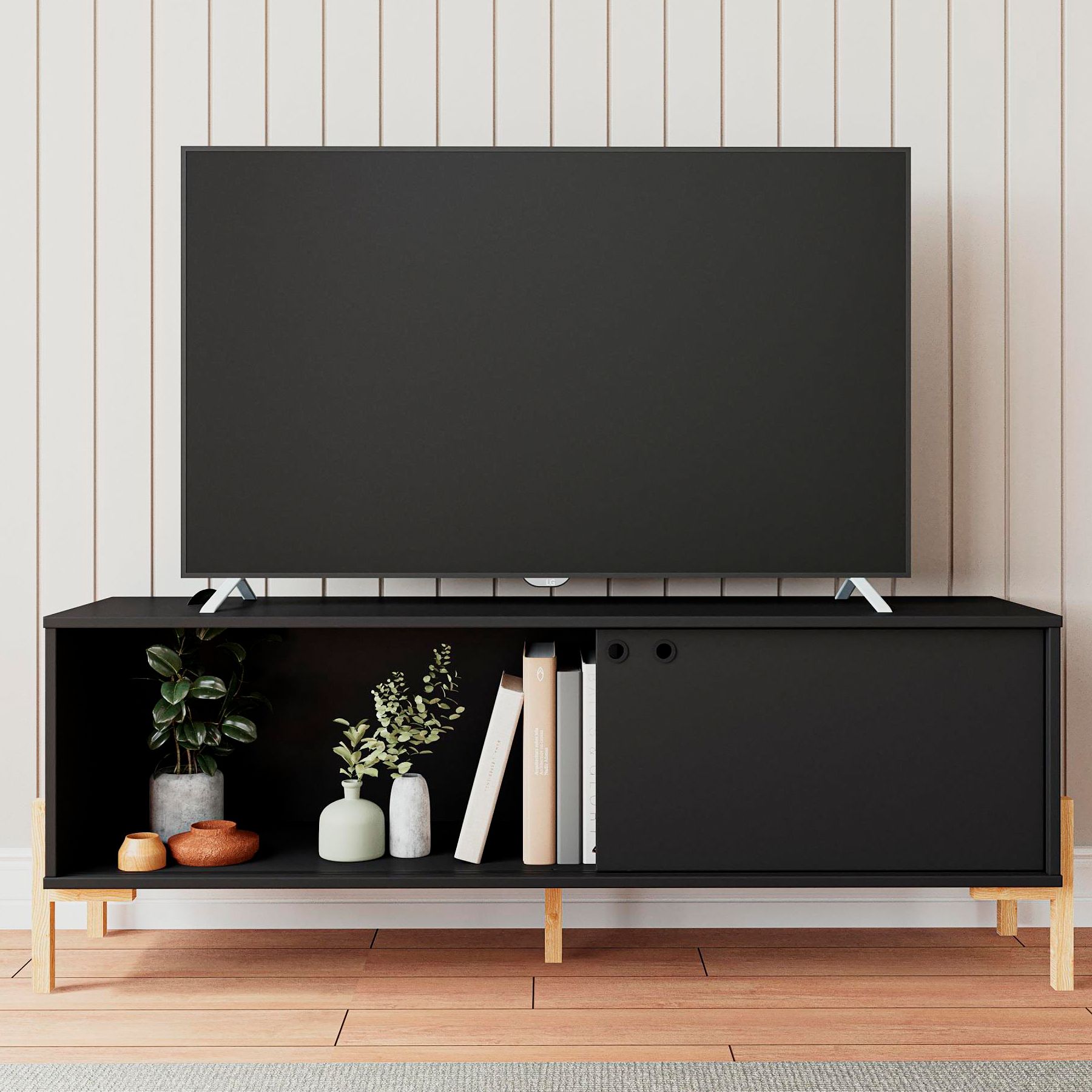 Bowery 55 1/4" Wide Matte Black and Oak 2-Shelf TV Stand