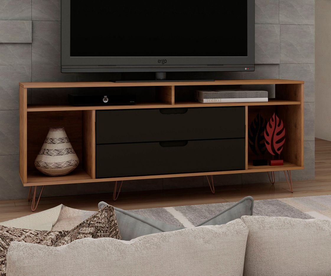 Rockefeller 63"W Natural and Gray 4-Shelf 2-Drawer TV Stand