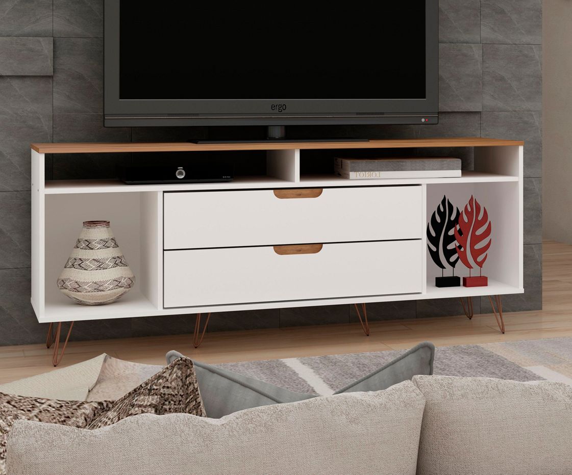 Rockefeller 63"W Off-White Natural 4-Shelf 2-Drawer TV Stand