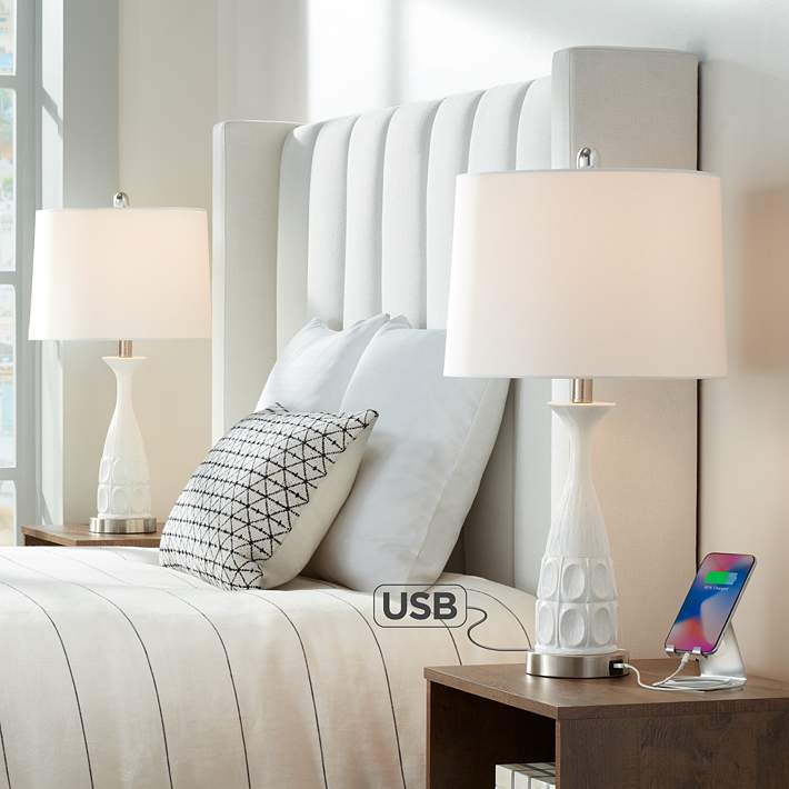Taz Mid Century Modern Usb Table Lamps, White Bedside Lamps With Usb