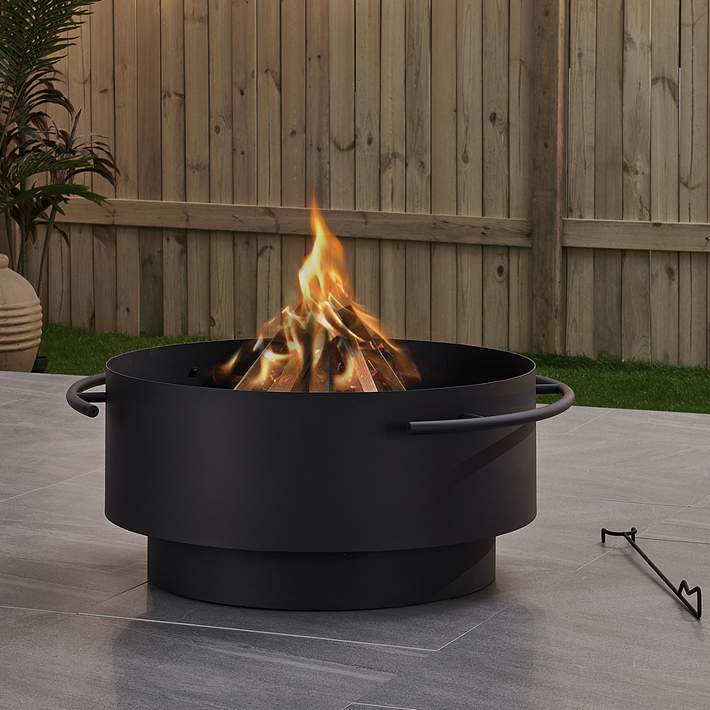 Brooks 28 Wide Black Round Wood, Outdoor Wood Fire Pit Set