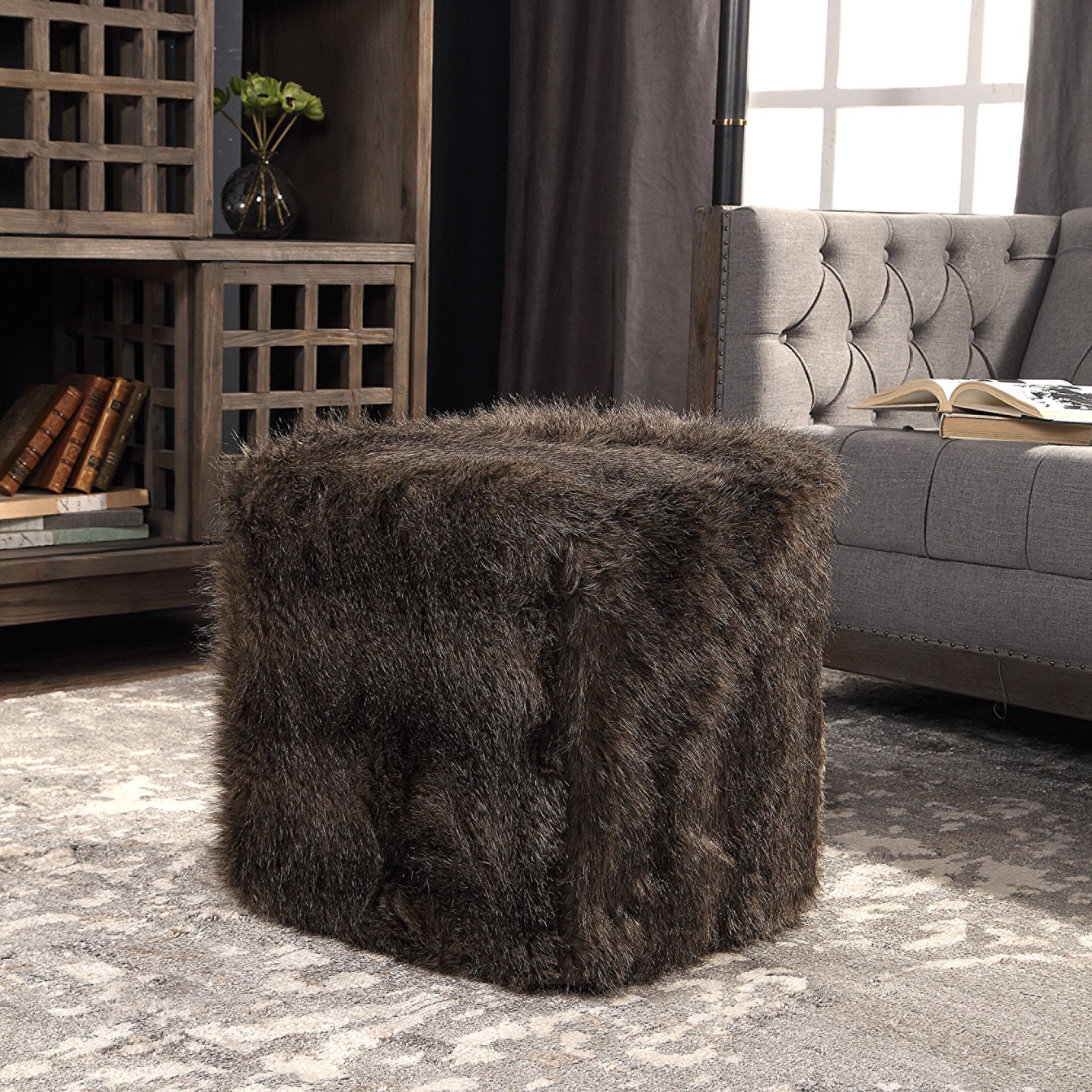 Uttermost Jayna Charcoal Brown Faux Fur Square Ottoman 87M45 Lamps