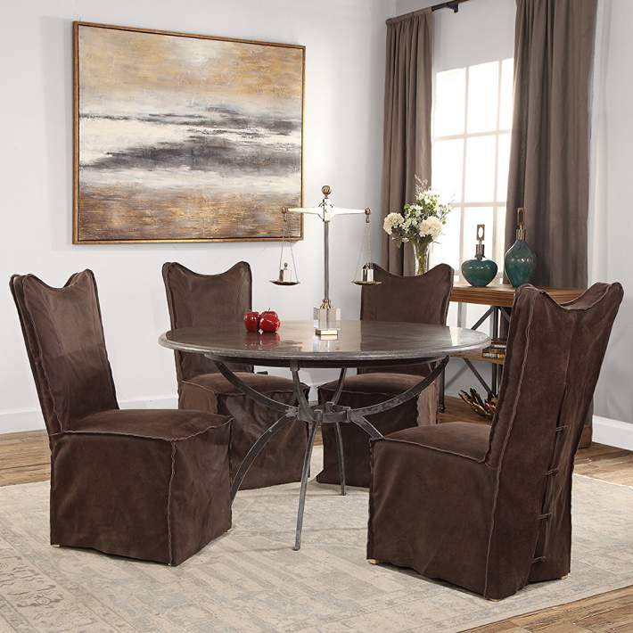 Delroy Chocolate Leather Slipcover, Chocolate Brown Dining Room Chairs